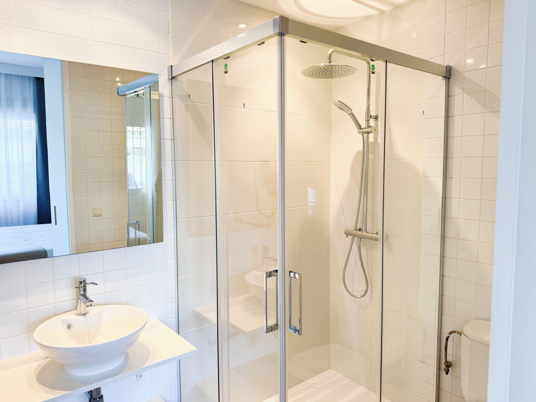 A modern bathroom with a glass-enclosed shower, a white sink, and a mirror above the sink.