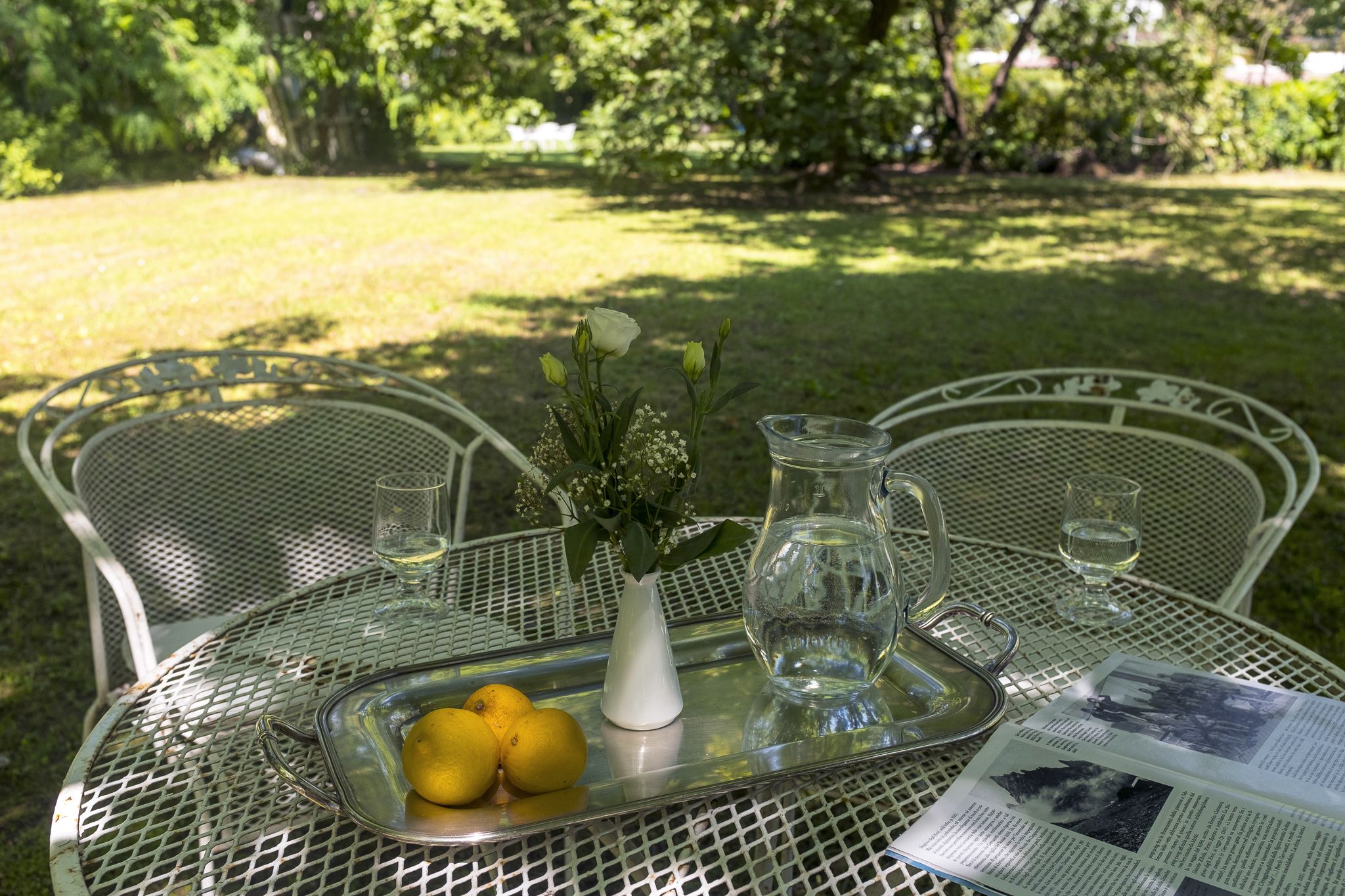 A metal table set outdoors with a tray of lemons, a pitcher of water, a vase with flowers, and a menu.