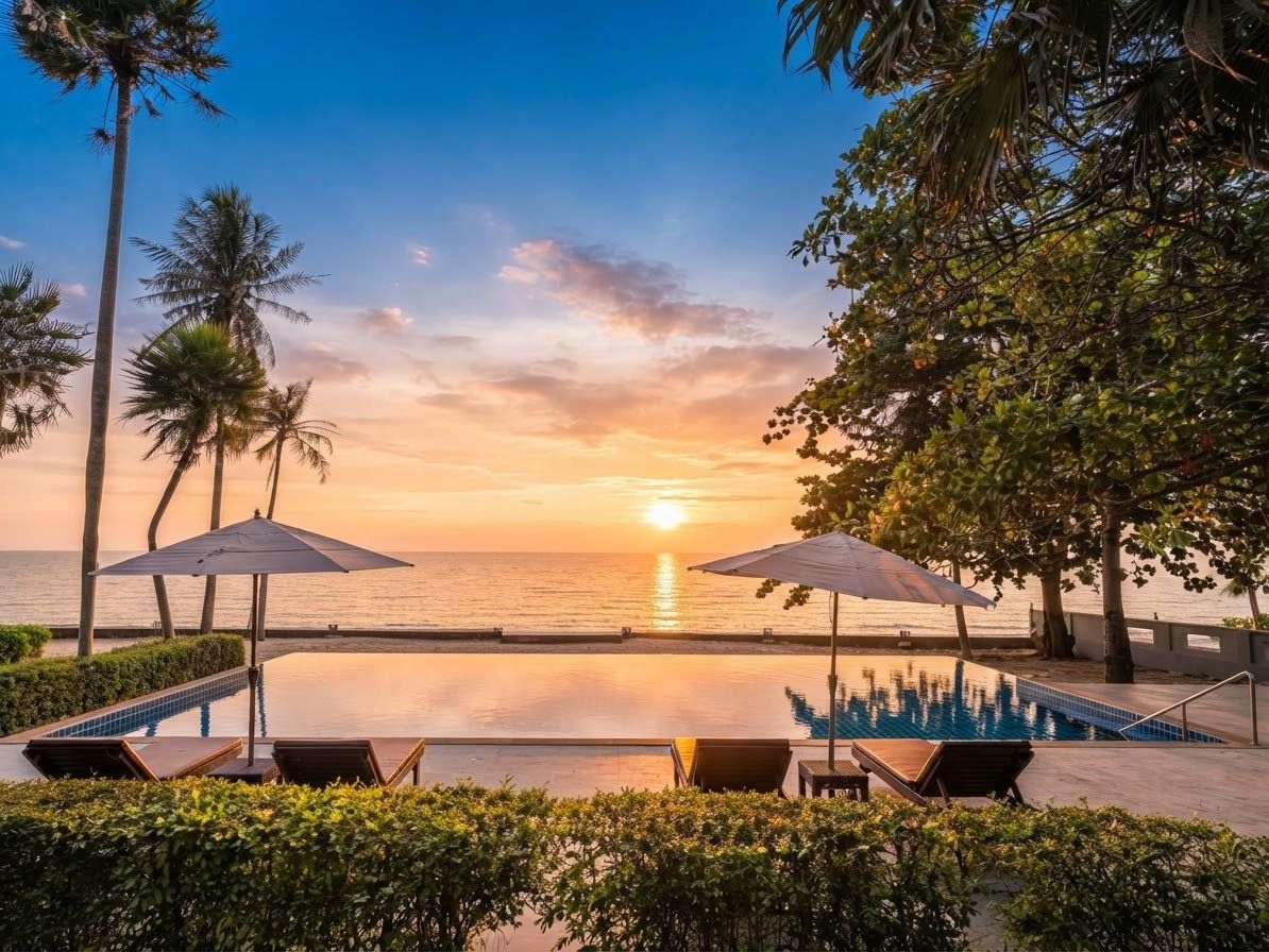 An infinity pool with lounge chairs, umbrellas, and a view of the sunset over the ocean.