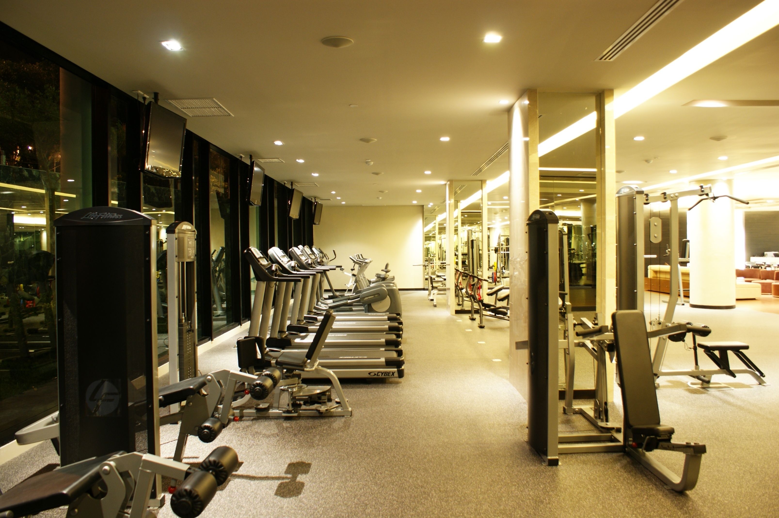 A gym with treadmills, weight machines, and mirrors.