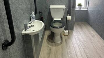 Een badkamer met toilet, wastafel en spiegel.