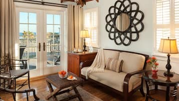 Luxury Room, 1 King Bed, Balcony, Ocean View | Living area | 65-inch flat-screen TV with cable channels, TV, DVD player
