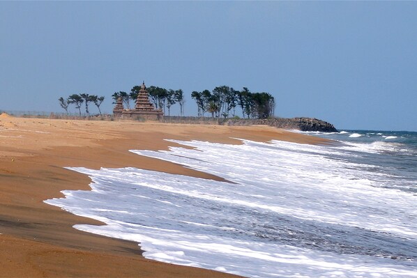 A beach with a temple and palm trees.