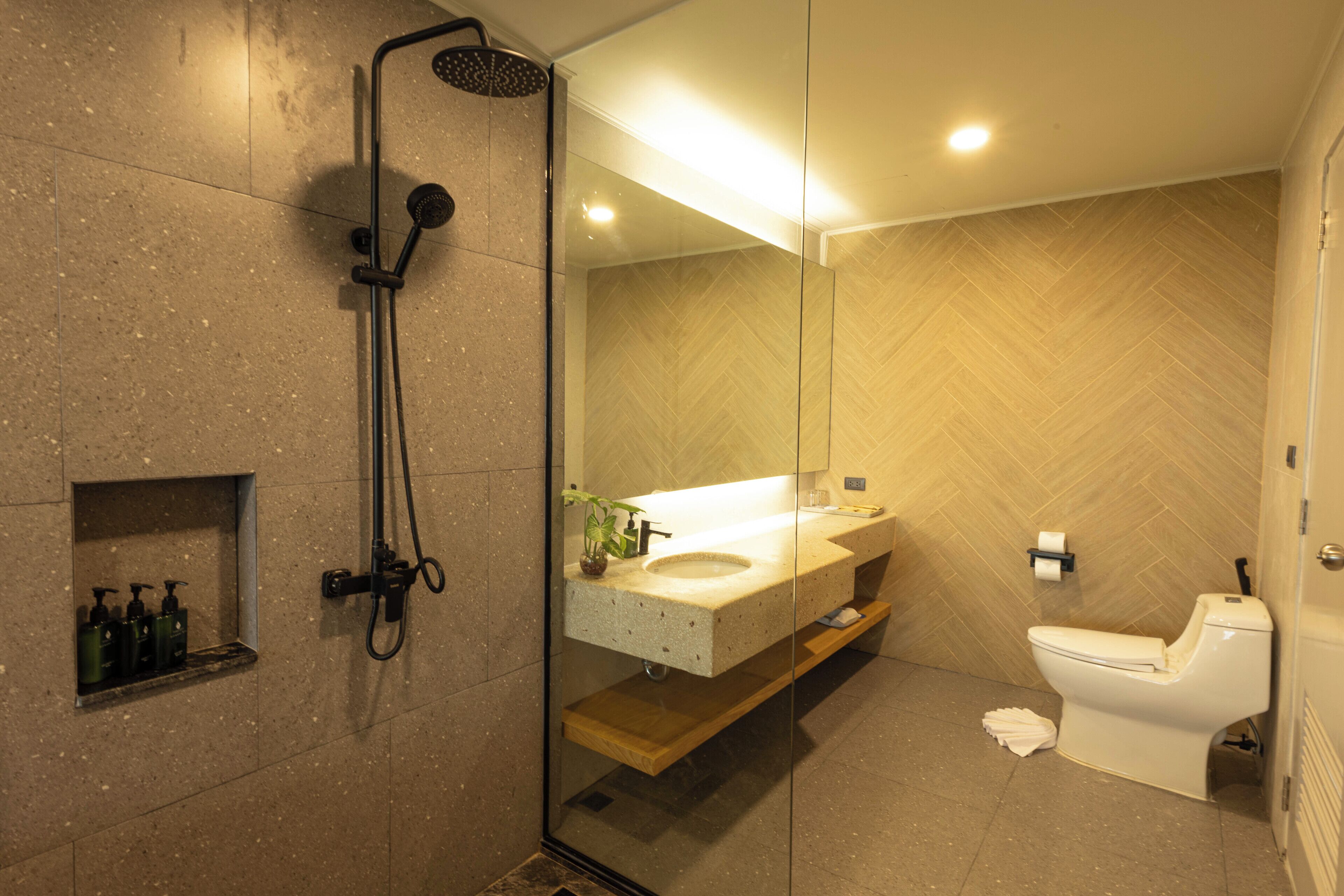 A modern bathroom with a glass-enclosed shower, a freestanding sink, and a toilet.