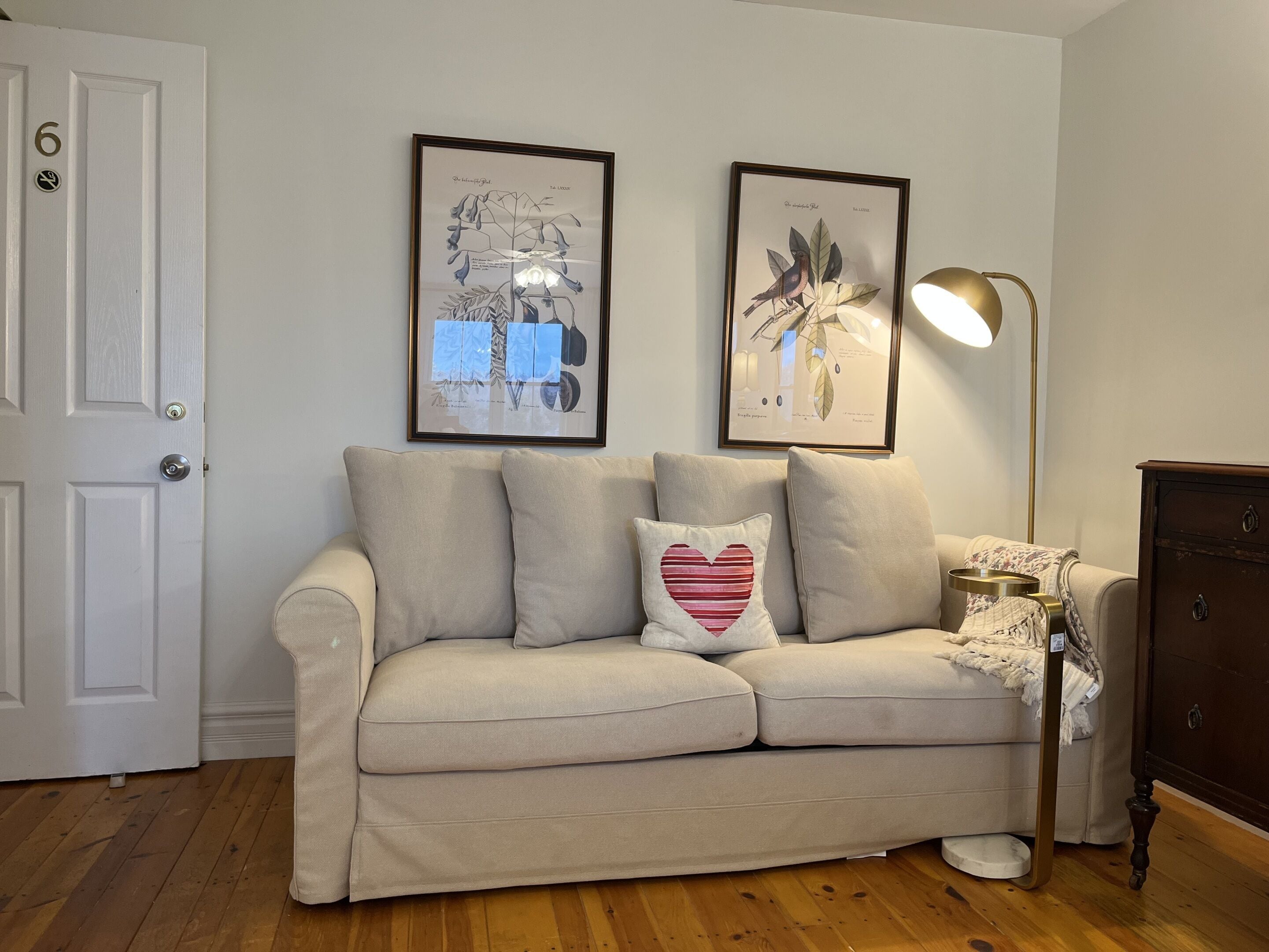 A beige sofa with a heart-shaped pillow, two framed botanical prints, a floor lamp, and a wooden floor.