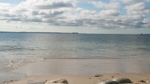 A beach with a clear sky and calm water.