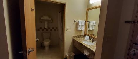 A bathroom with a toilet, sink, and mirror.