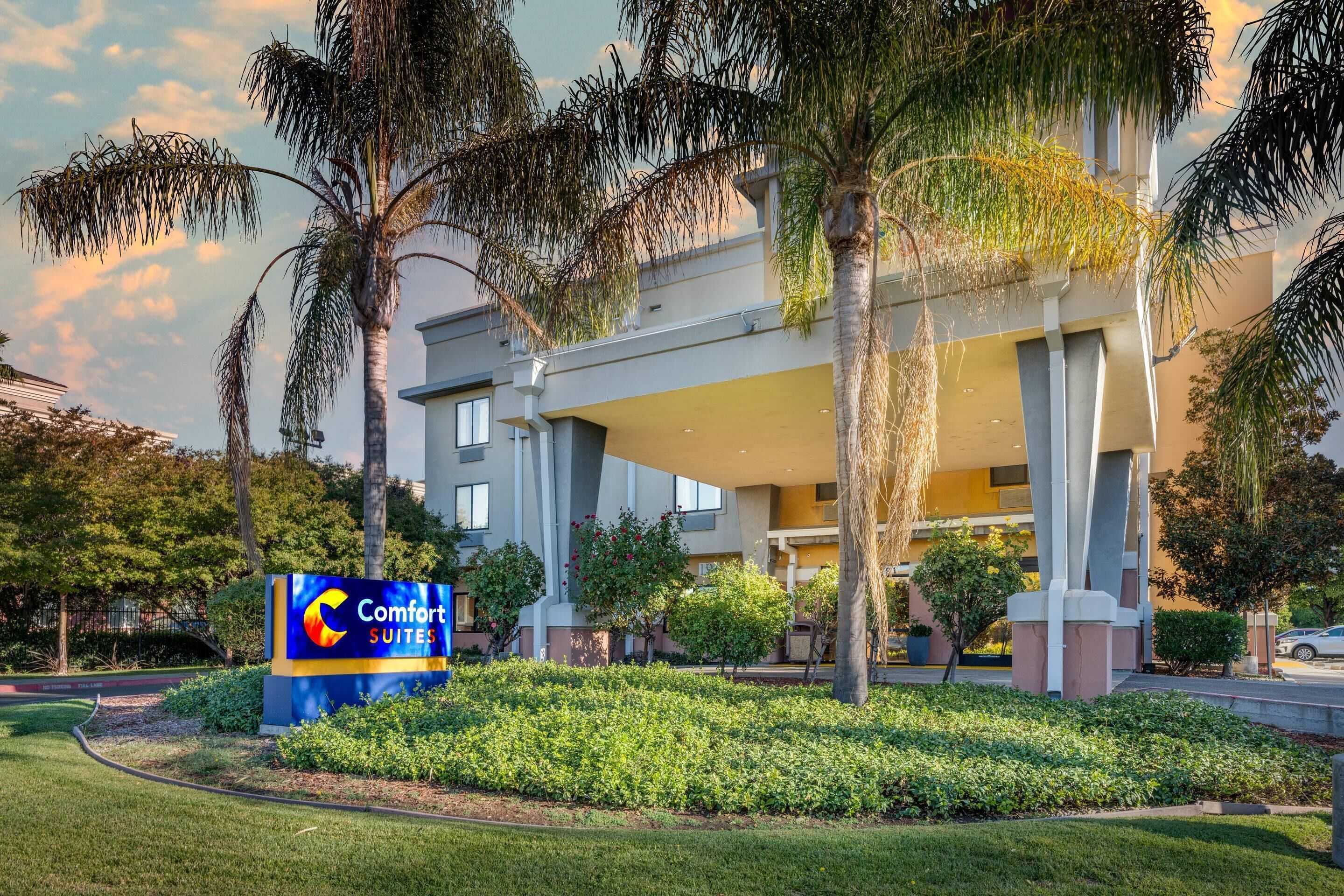 Un hotel con un letrero que dice 'Comfort Suites', rodeado de follaje cuidado y palmeras.