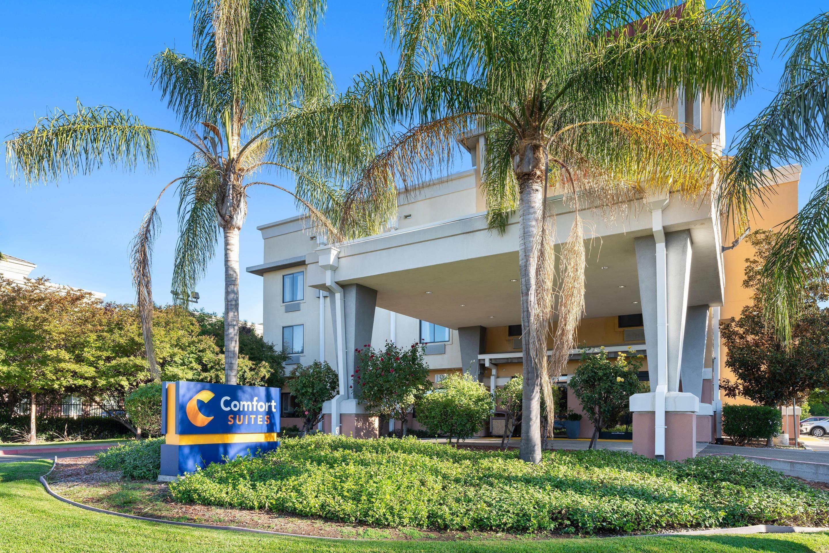A hotel with a sign reading 'Comfort Suites' surrounded by well-maintained landscaping and palm trees.