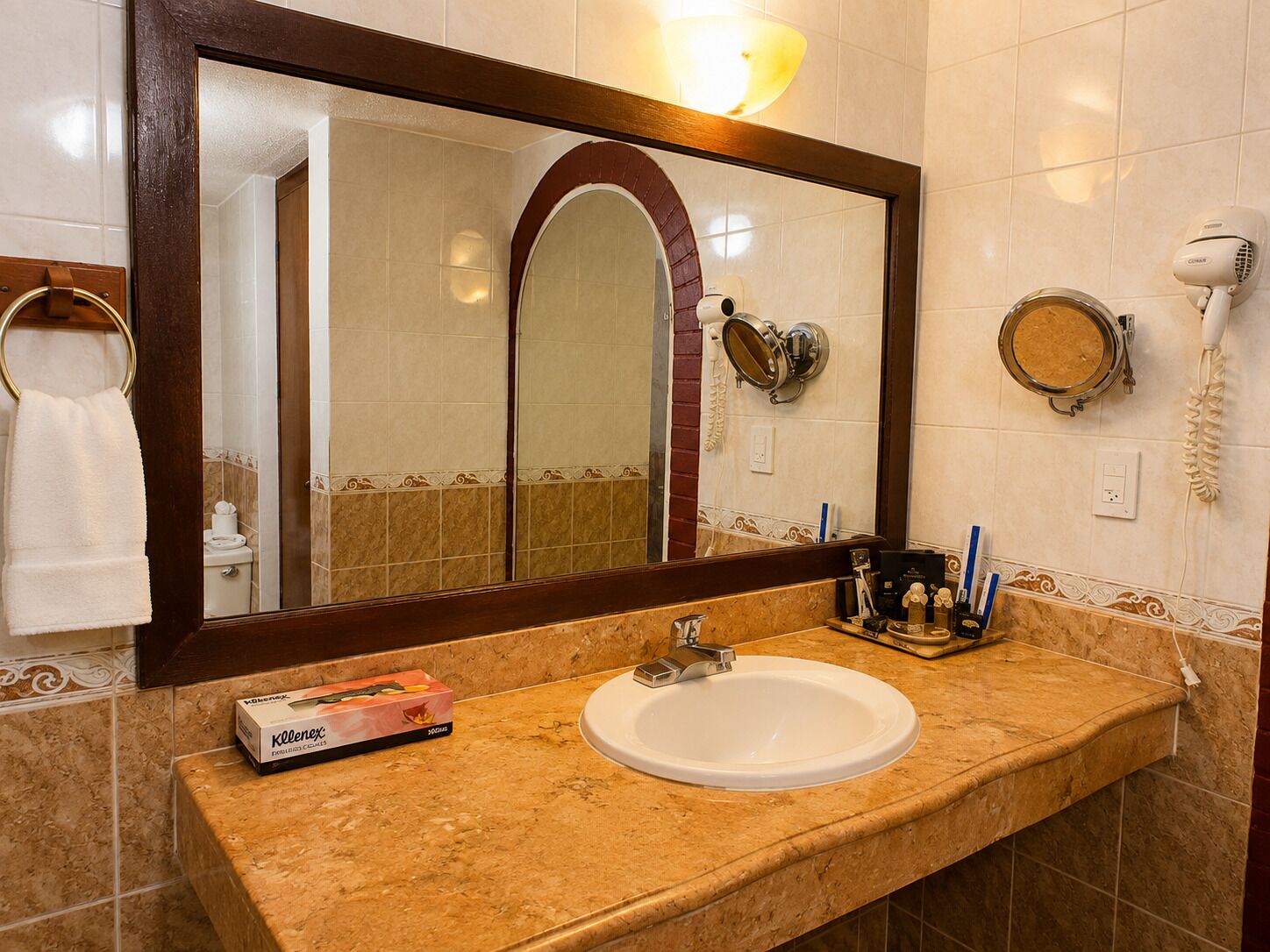 A bathroom with a large mirror, a sink, a towel ring, and a hairdryer.