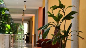 Un pasillo con una planta grande en maceta, un banco y un letrero en la pared.