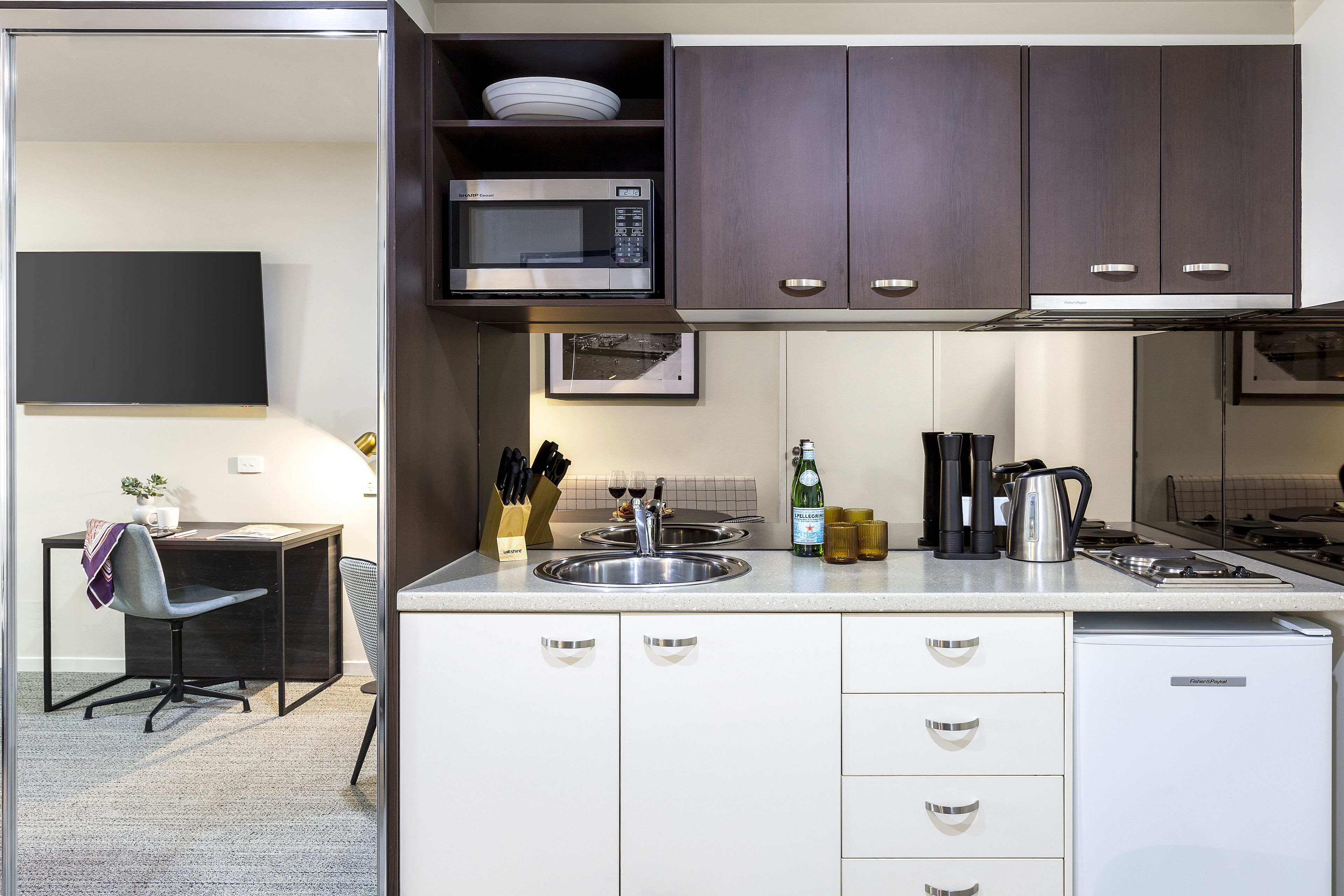 Microwave, stovetop, electric kettle, toaster