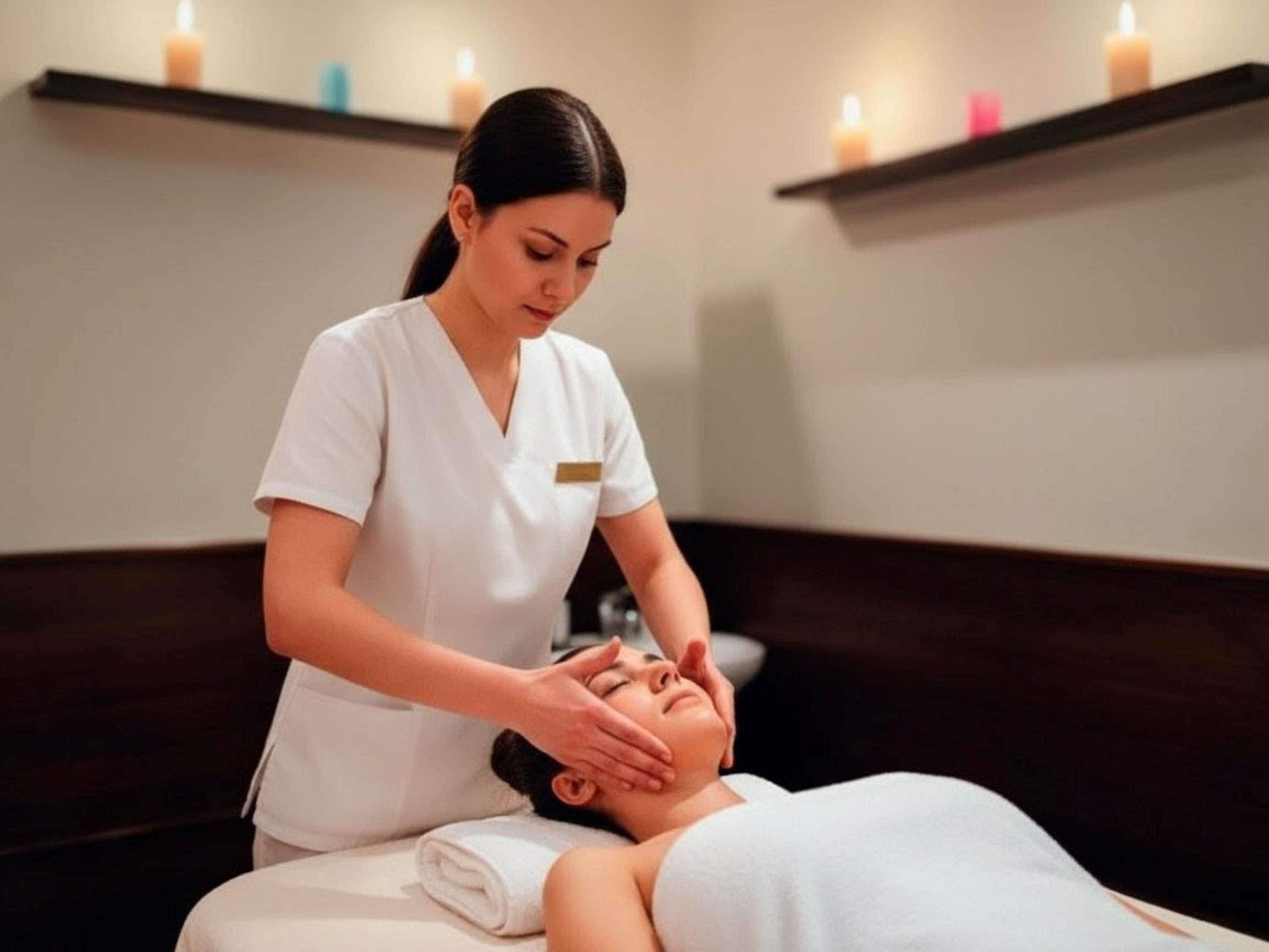 A person receiving a facial treatment in a spa setting with a wooden bench and candles on shelves.