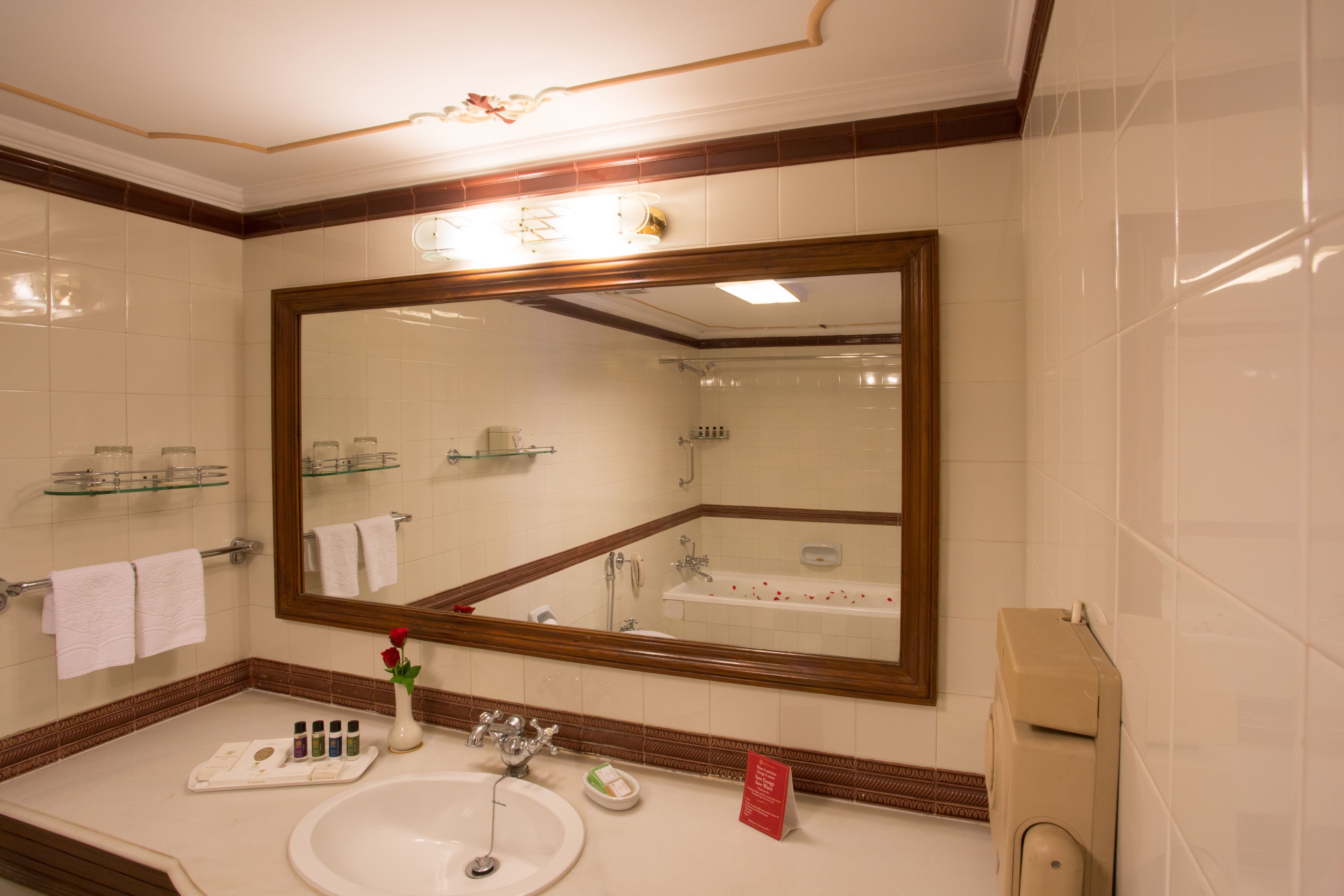 combined shower/bathtub, free toiletries, hair dryer, bathrobes