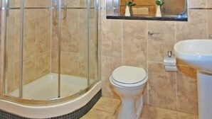 A modern bathroom with a glass-enclosed shower, a toilet, and a sink. - Glen Guesthouse (Dublin)
