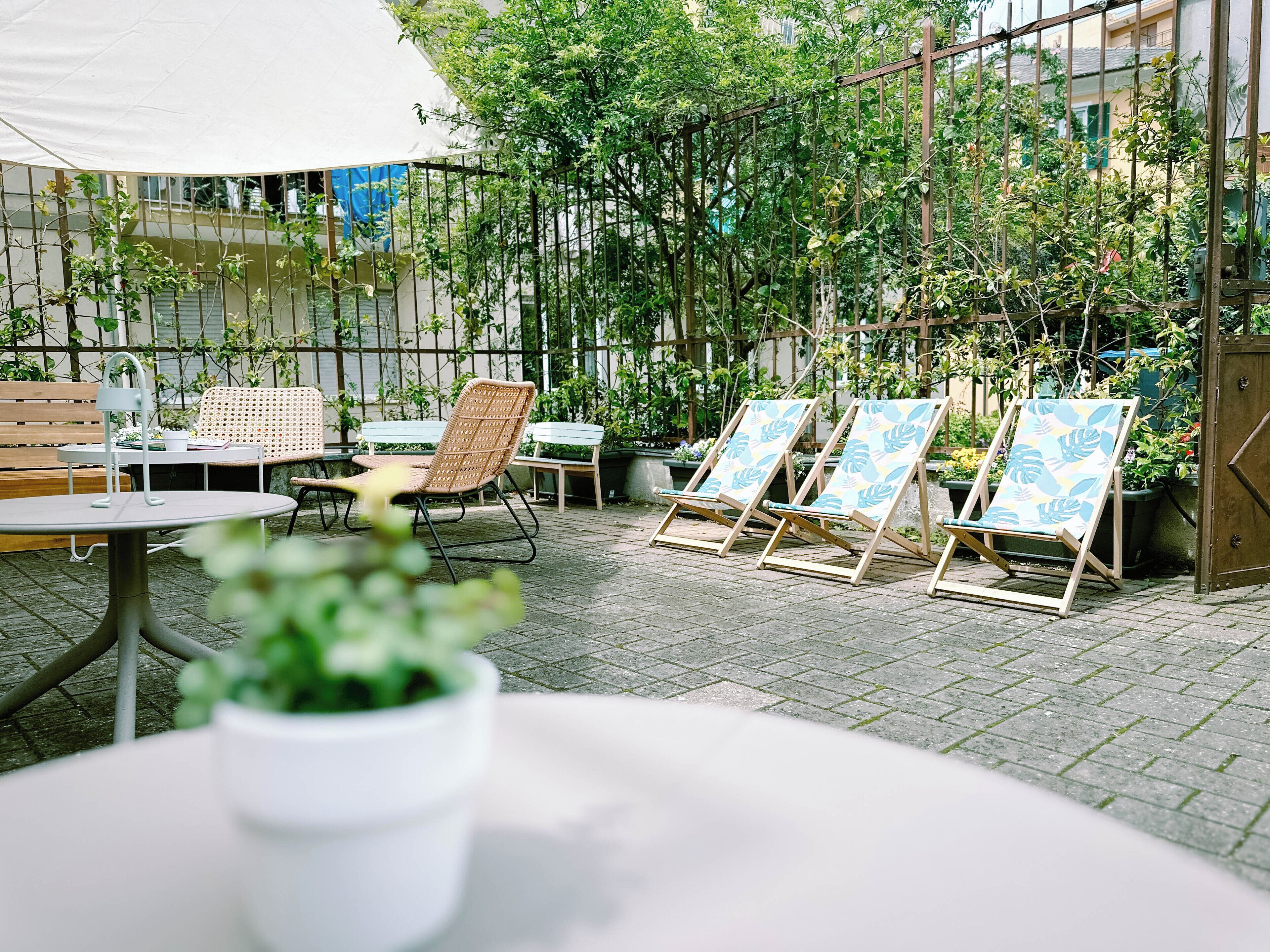 An outdoor patio with seating, tables, and potted plants.