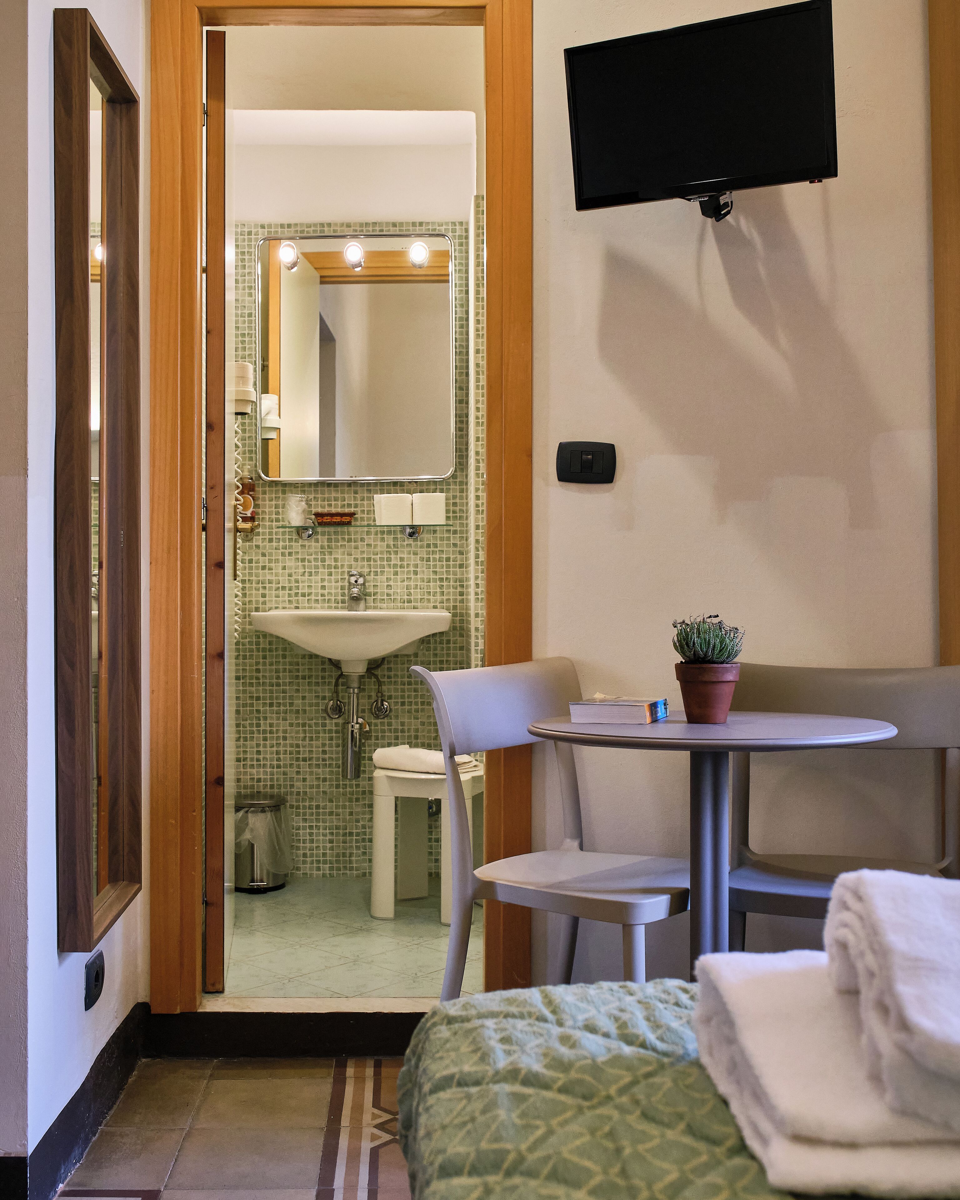 Habitación de hotel con una cama, una mesita con una planta en maceta, una silla, un lavamanos y un espejo.