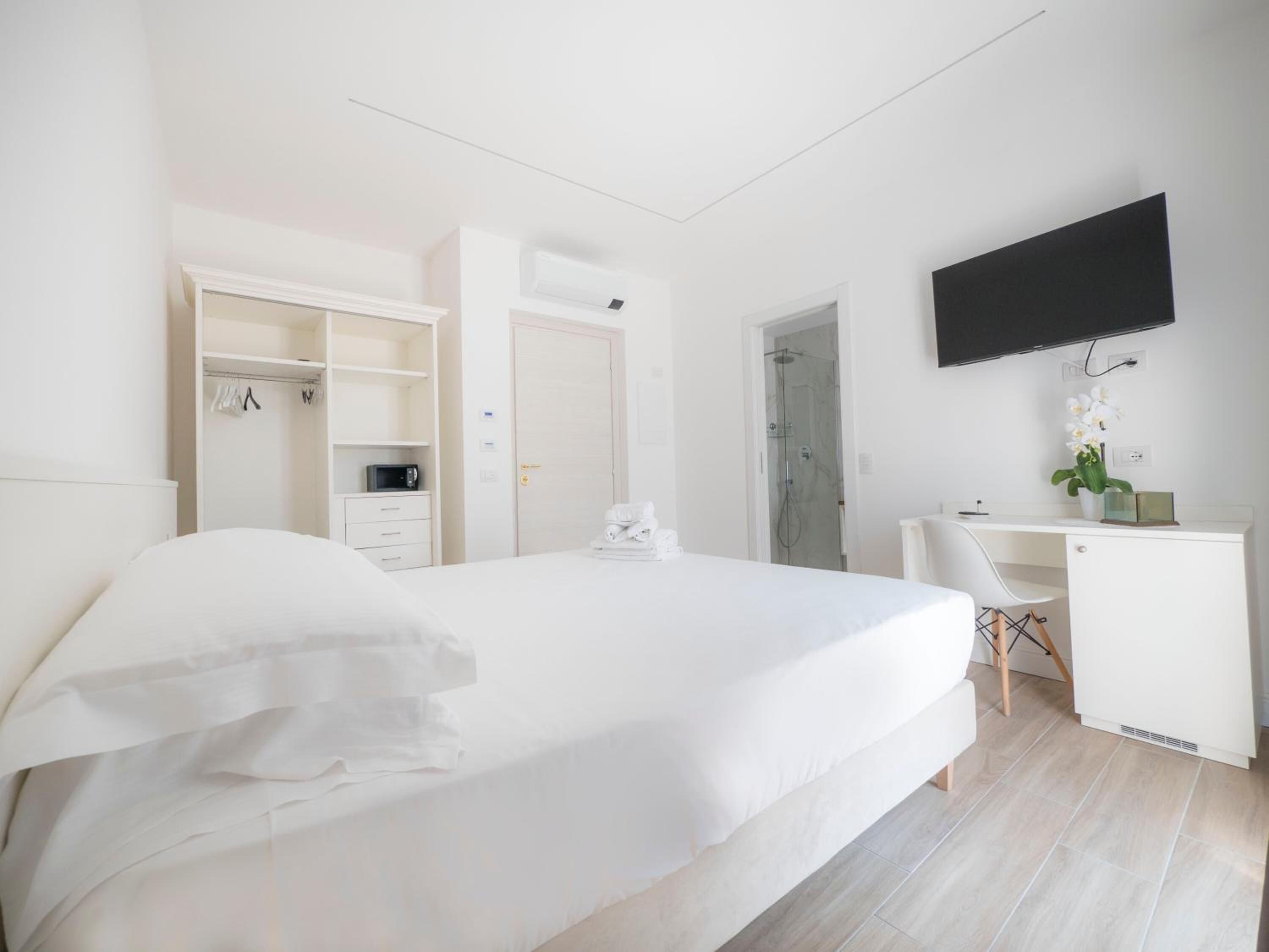 A hotel room with a bed, a desk, a TV, a shower, and a wardrobe.