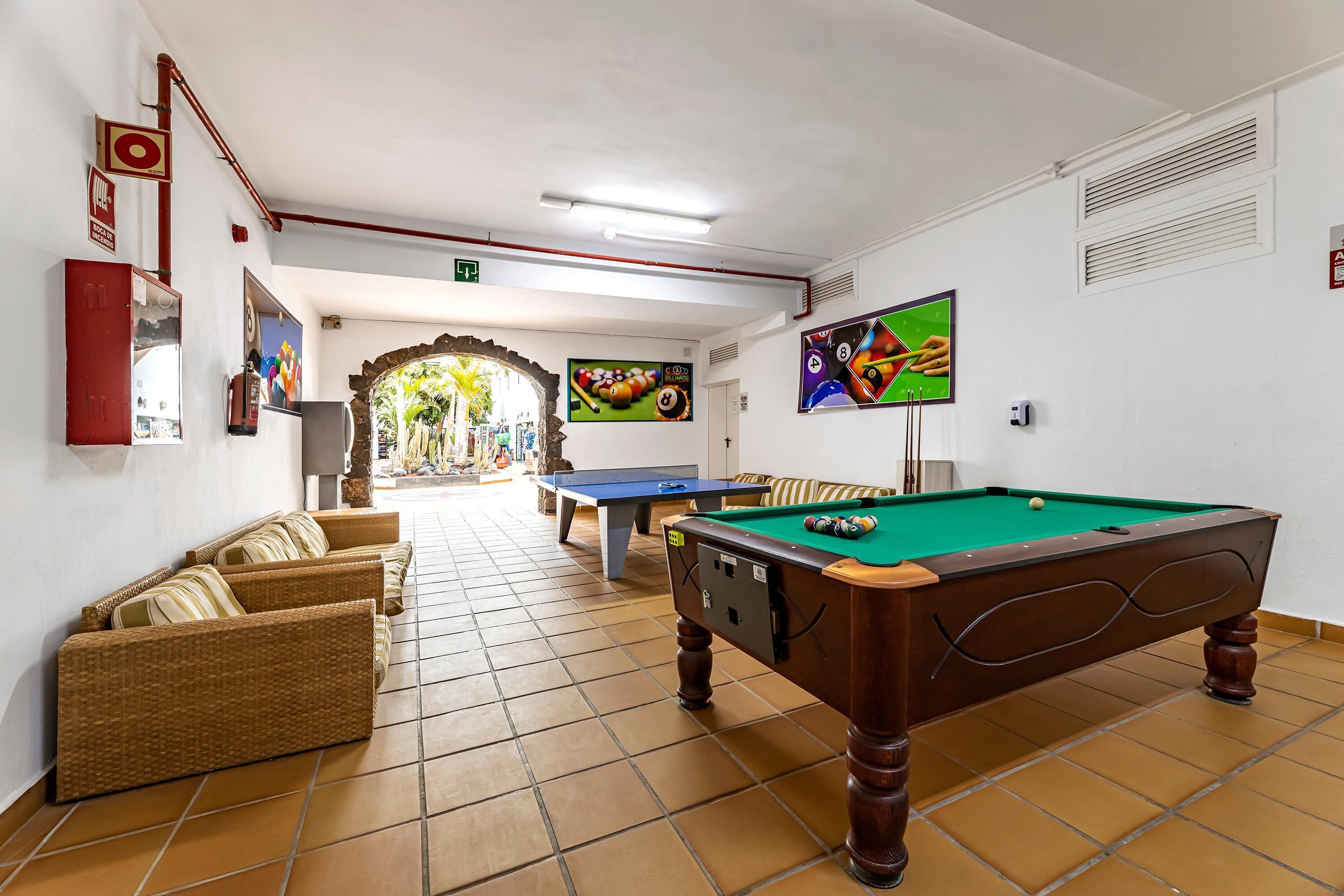 Une salle de billard équipée d’une table de billard, de canapés et d’un écran de télévision.