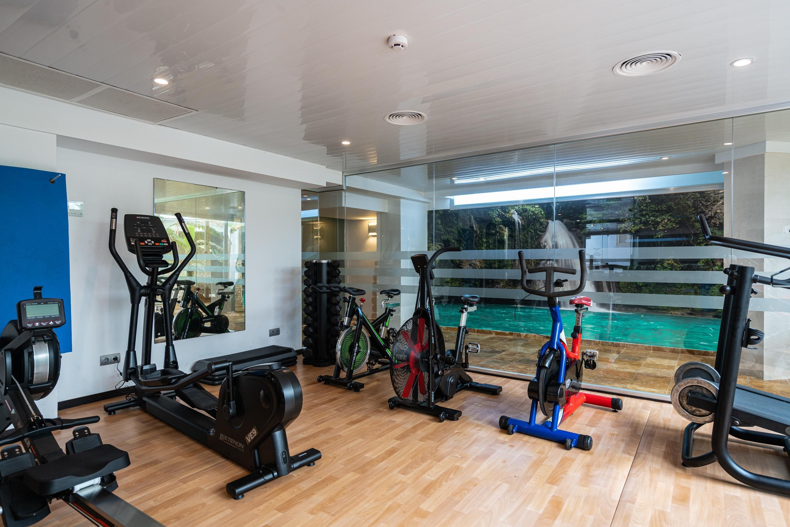Une salle de sport moderne équipée de divers appareils d’exercice, dotée d’une grande fenêtre donnant sur une piscine et d’un mur d’accent bleu.