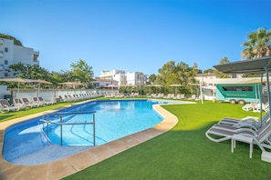 Indoor pool, outdoor pool, pool umbrellas, sun loungers