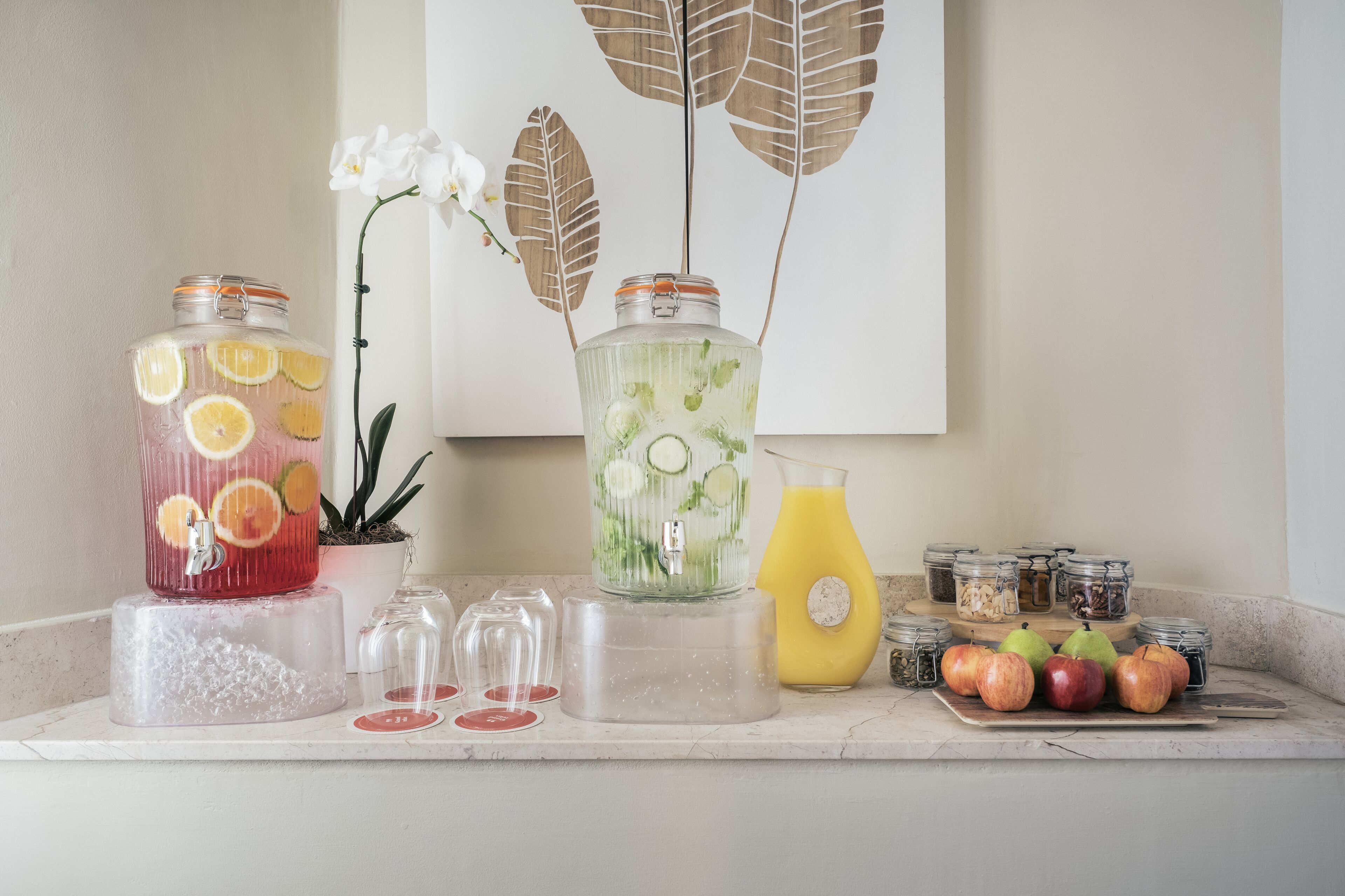 A kitchen counter with two glass jars containing citrus slices, a potted orchid, and a variety of fruits and jars.
