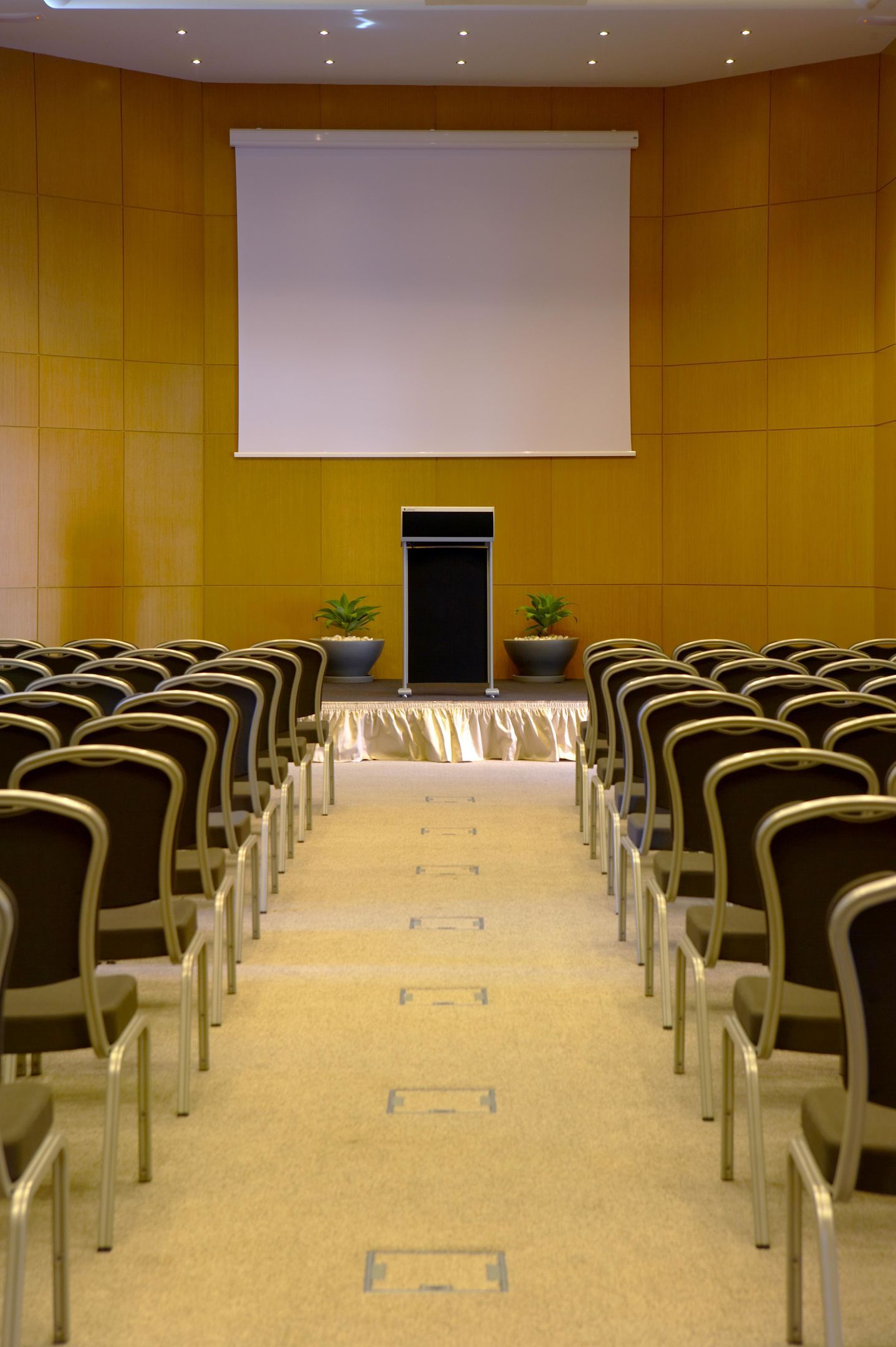 Een congreszaal met rijen stoelen gericht op een podium met een groot scherm.