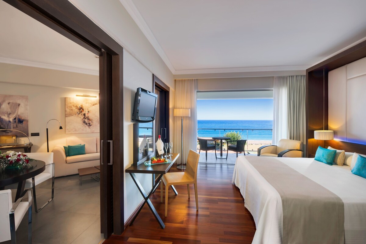 Une chambre d’hôtel avec un grand lit, un bureau, une chaise, une télévision et une vue sur l’océan.