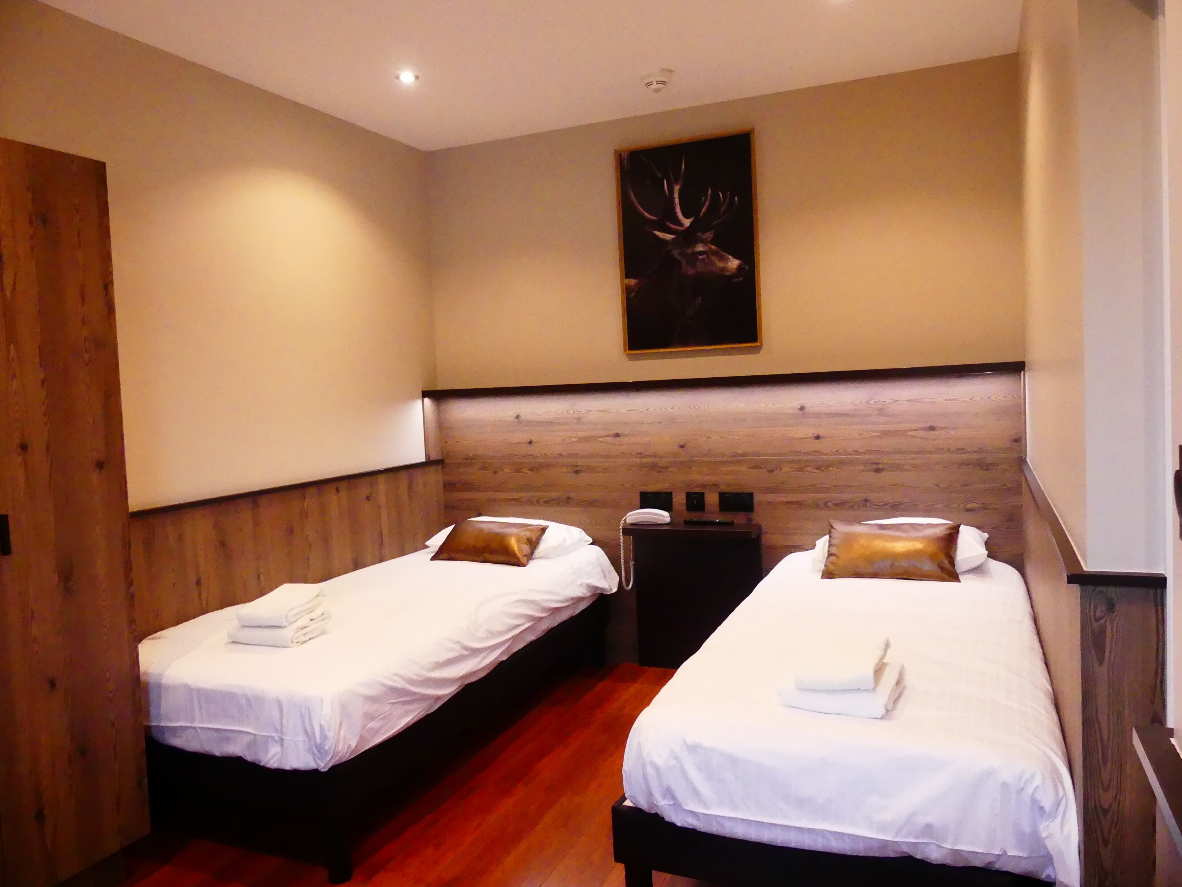 Habitación de hotel con dos camas individuales, cabeceros de madera, suelo de madera, un cuadro de un ciervo en la pared y una mesita de noche pequeña con un teléfono.