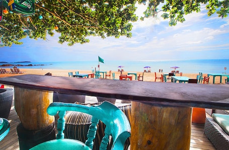 Private beach, beach umbrellas