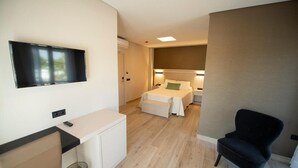 Habitación de hotel con cama, mesita de noche, silla, televisión y escritorio con silla.