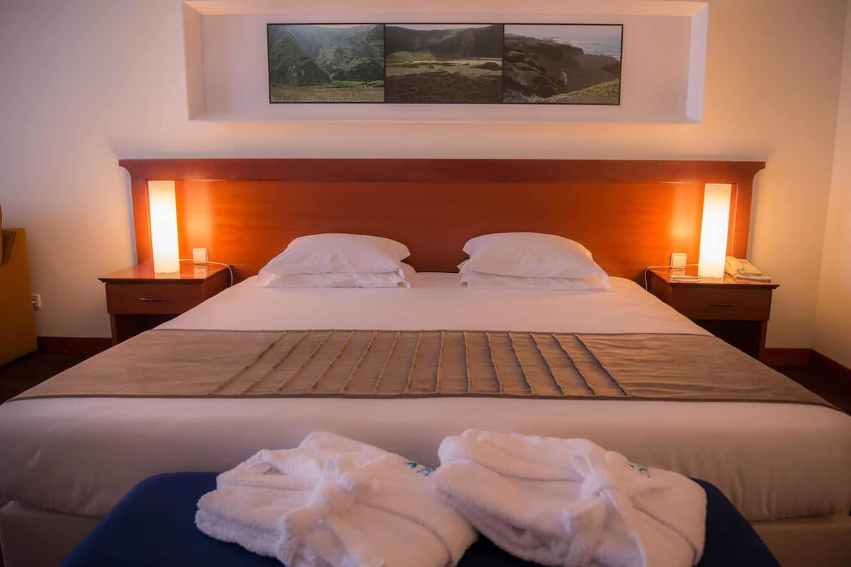 A hotel room with a large bed, two bedside tables with lamps, a headboard, and a wall-mounted artwork.
