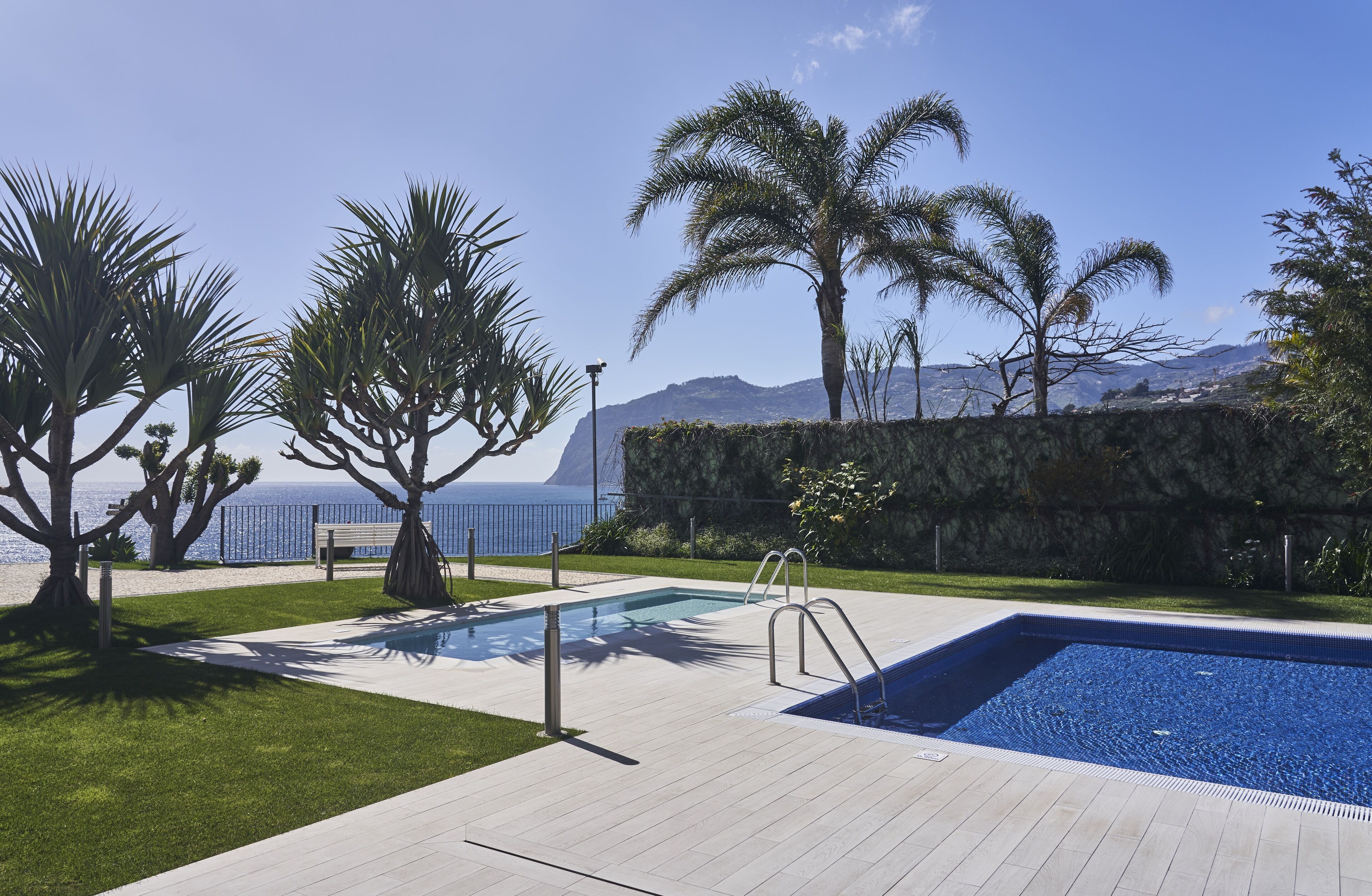 Una piscina con muelle de madera, palmeras y vistas al océano.