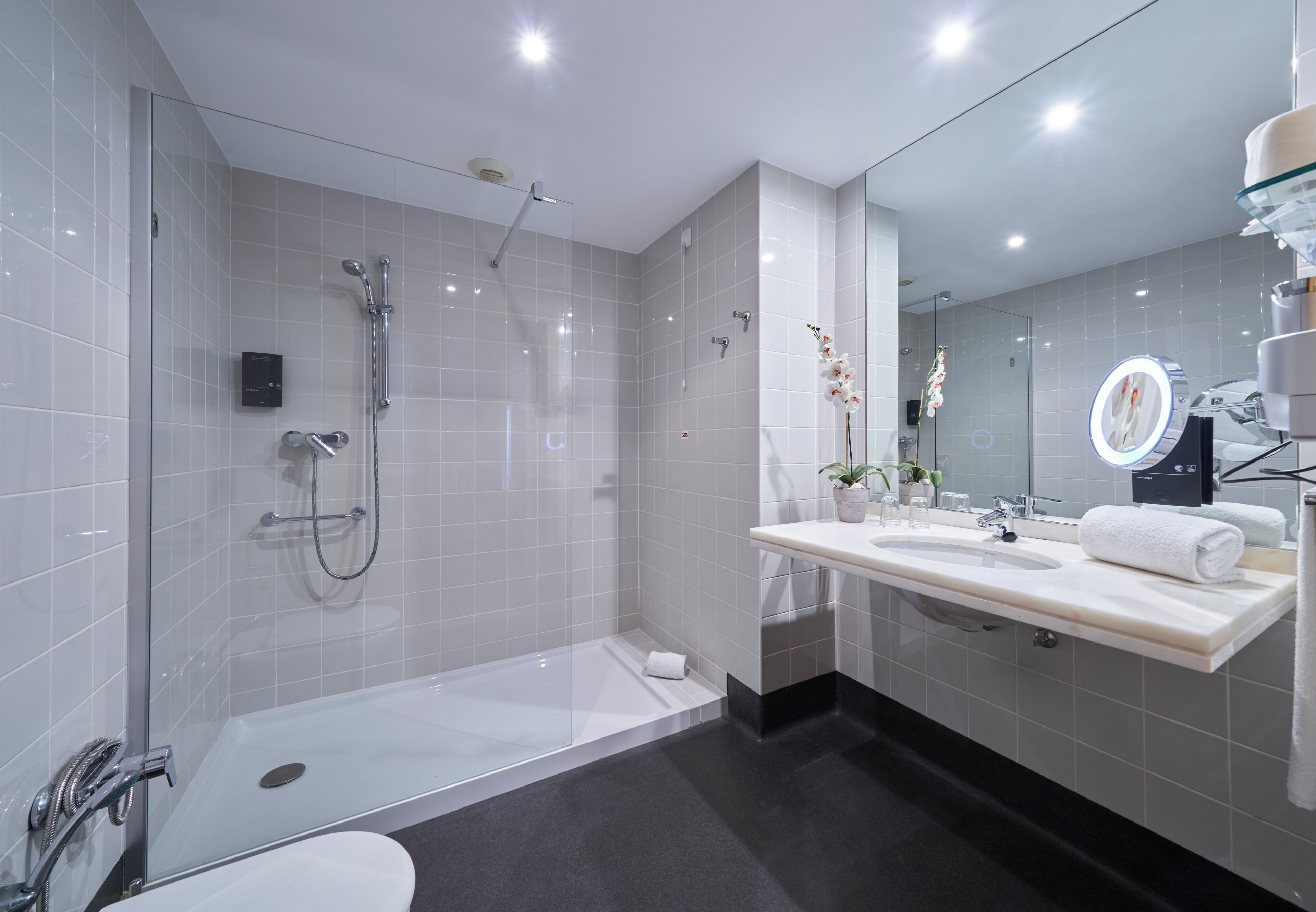 A modern bathroom with a glass-enclosed shower, a bathtub, a vanity with a mirror, and a toilet.