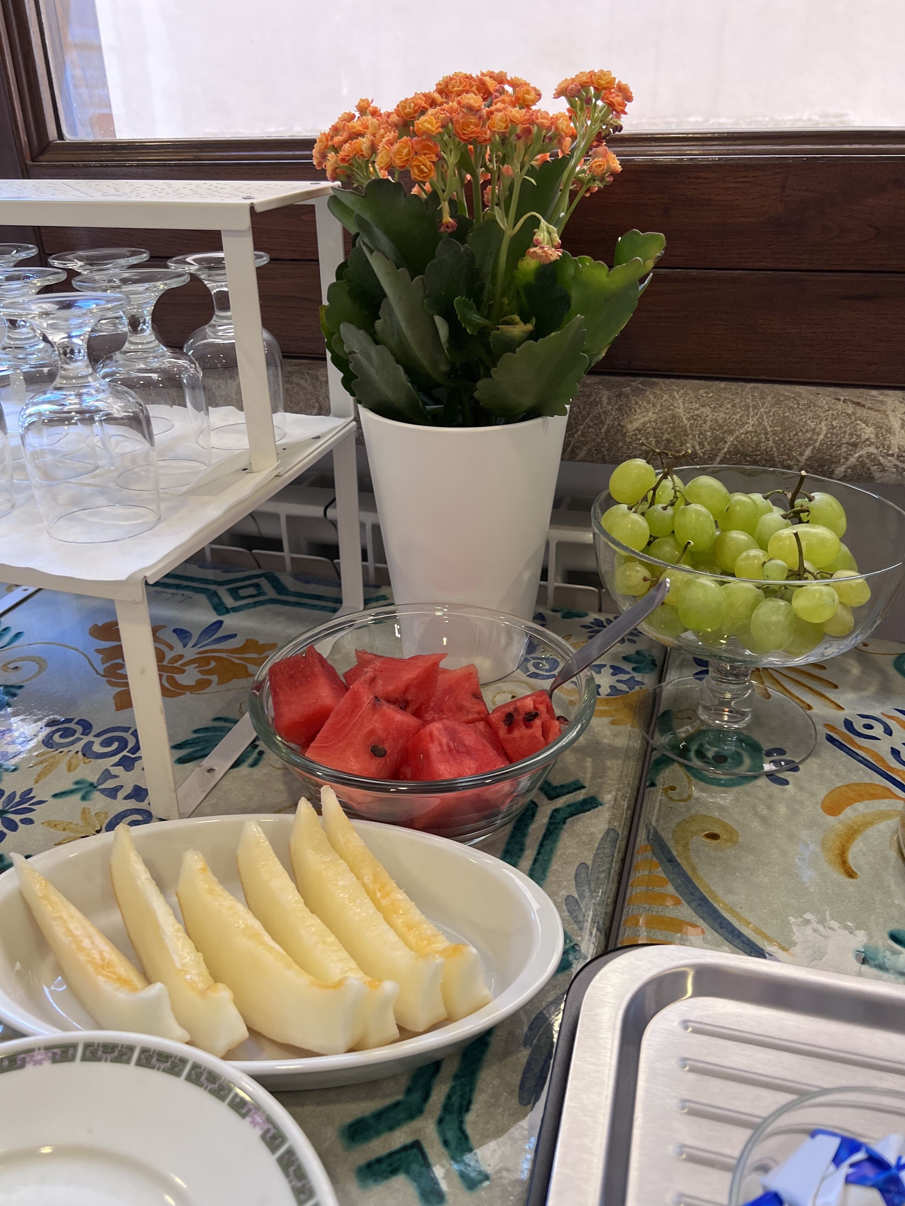 A table with a potted plant, bowls of watermelon and grapes, and a plate of bananas.