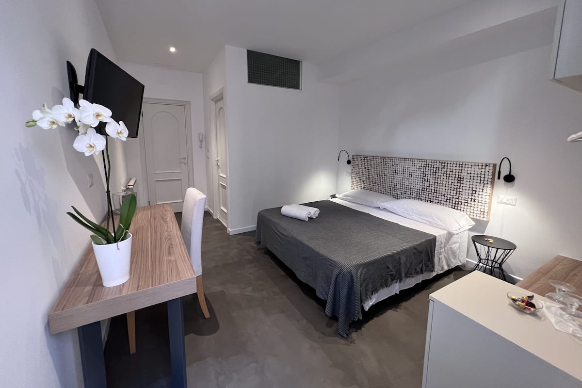 Moderni hotellihuone, jossa on sänky, yöpöytä, tuoli ja pieni työpöytä, jonka päällä on ruukkukasvi.