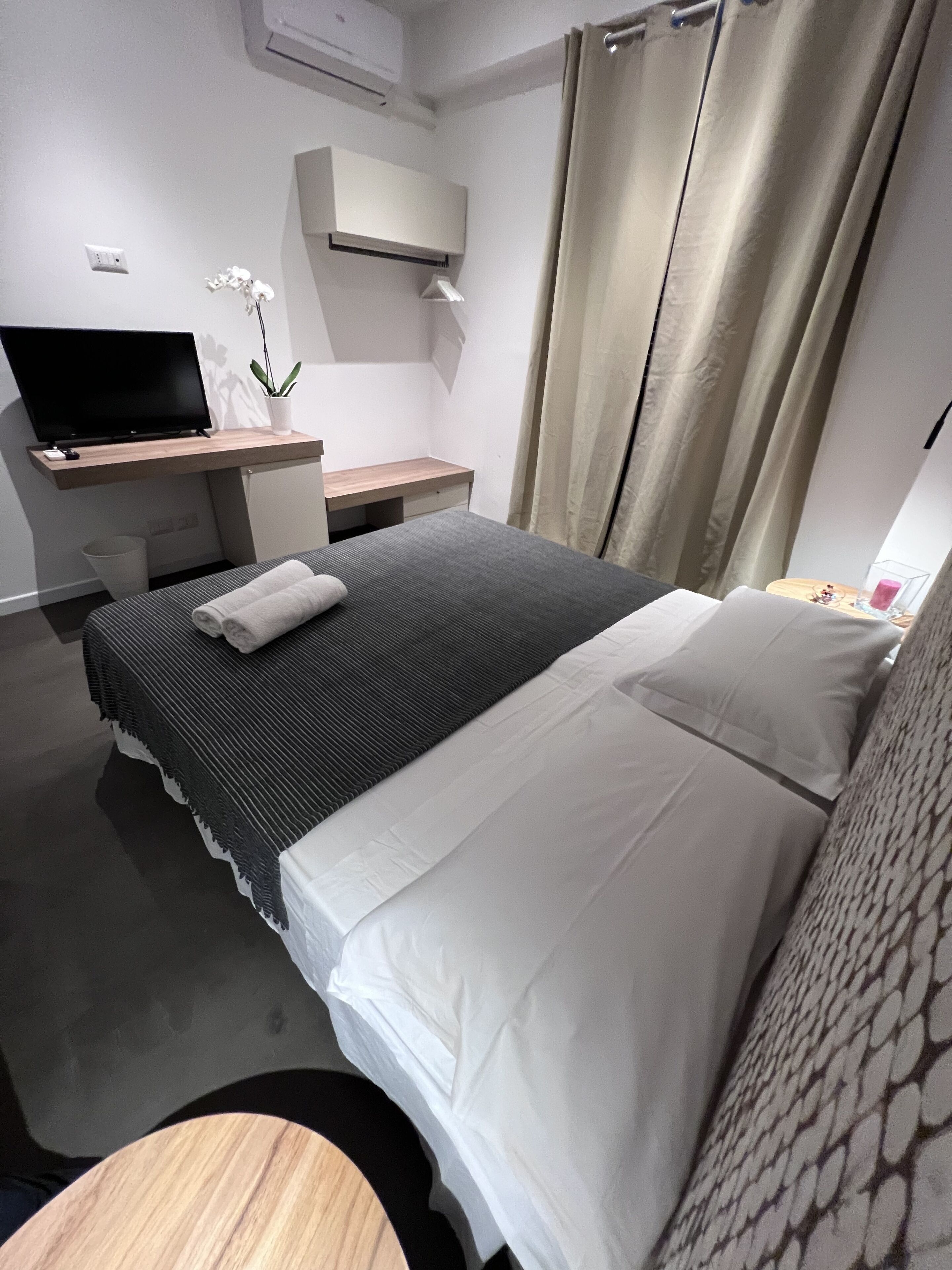 Una habitación de hotel moderna con cama, escritorio, televisor de pantalla plana, una planta pequeña y ventana con cortinas.