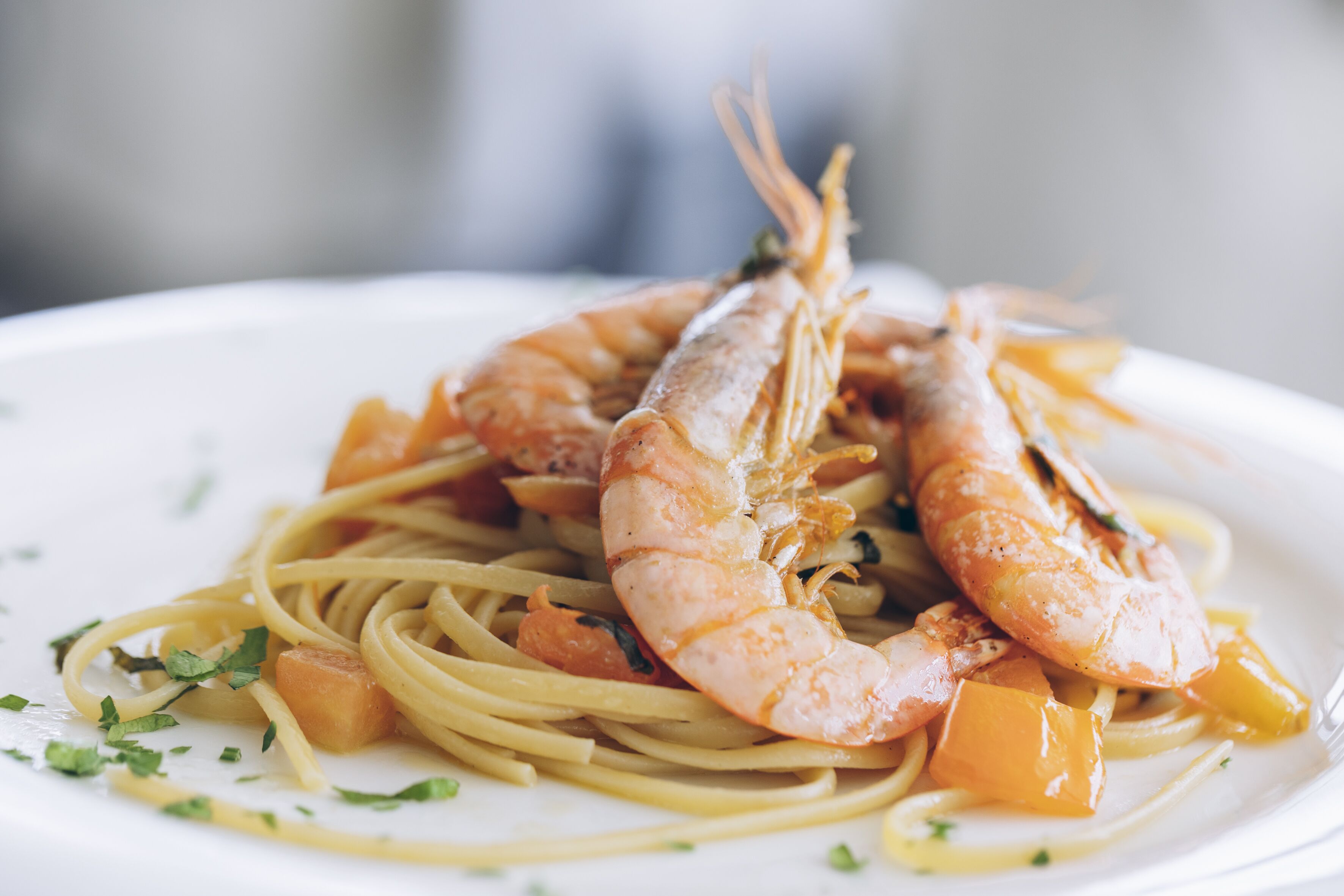 A plate of spaghetti with shrimp and diced vegetables.