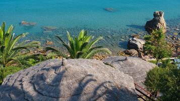 Vista de una playa con agua cristalina, palmeras y sombrillas de paja.