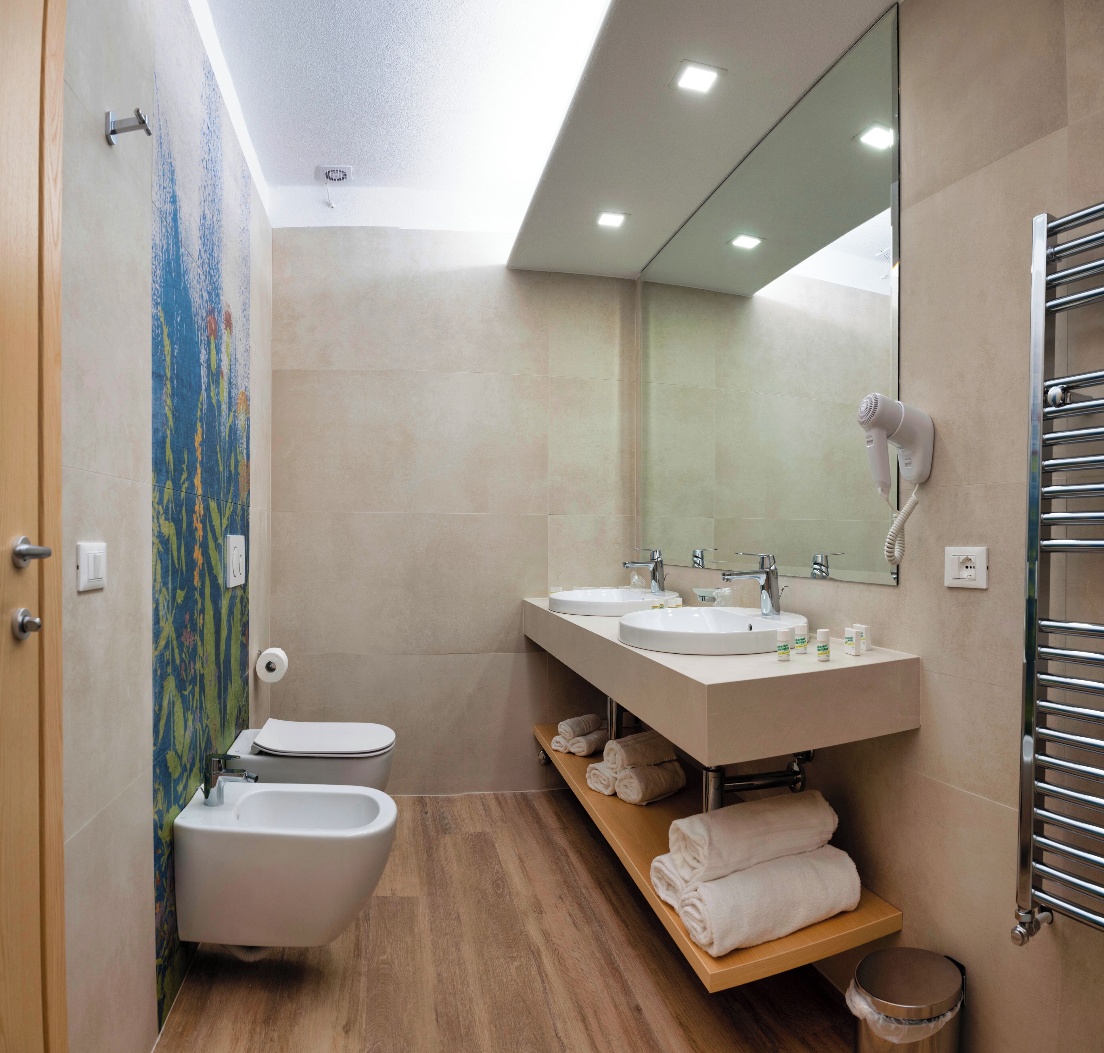 free toiletries, hair dryer, bidet, towels