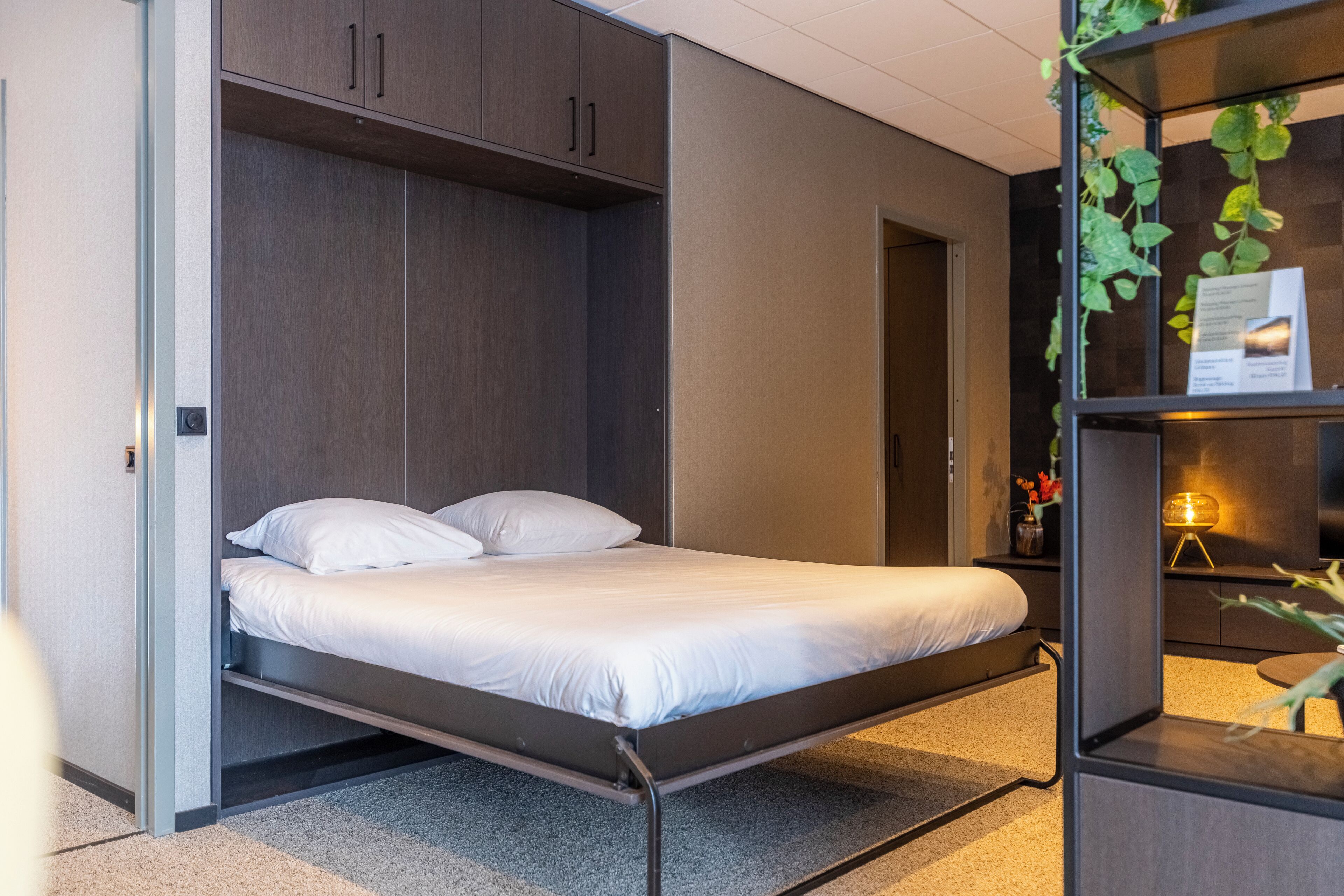 Una habitación moderna con cama, armario empotrado y una pequeña exhibición de plantas.