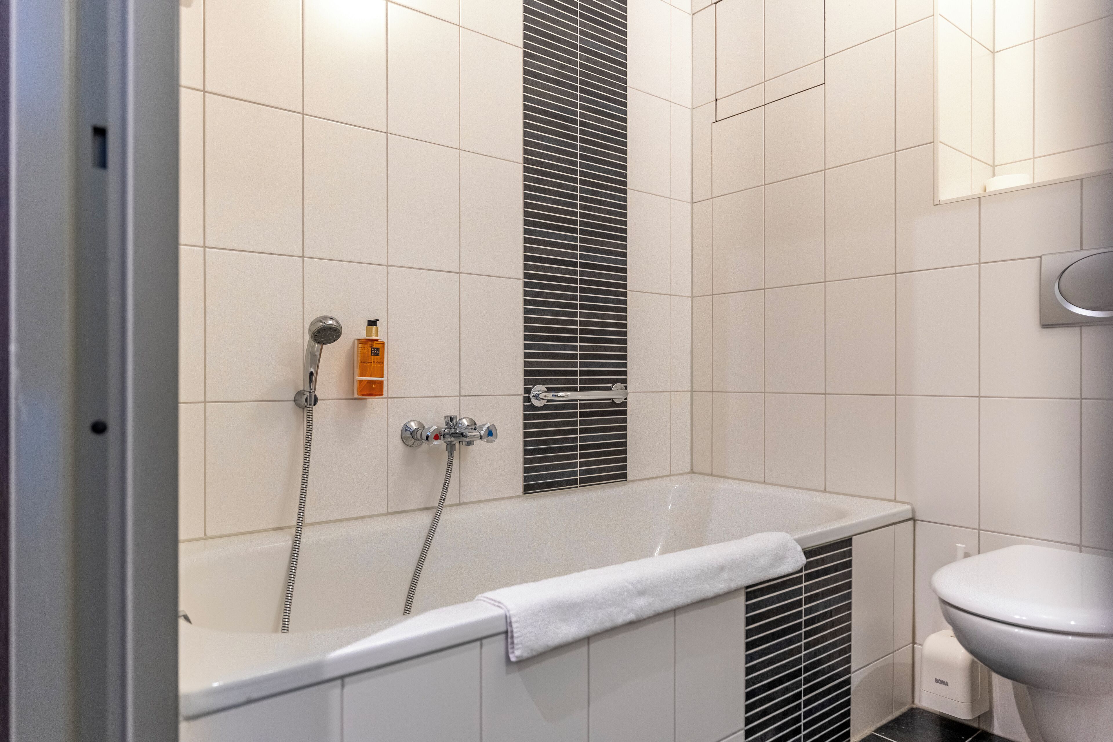 A modern bathroom with a bathtub, a toilet, and a shower.