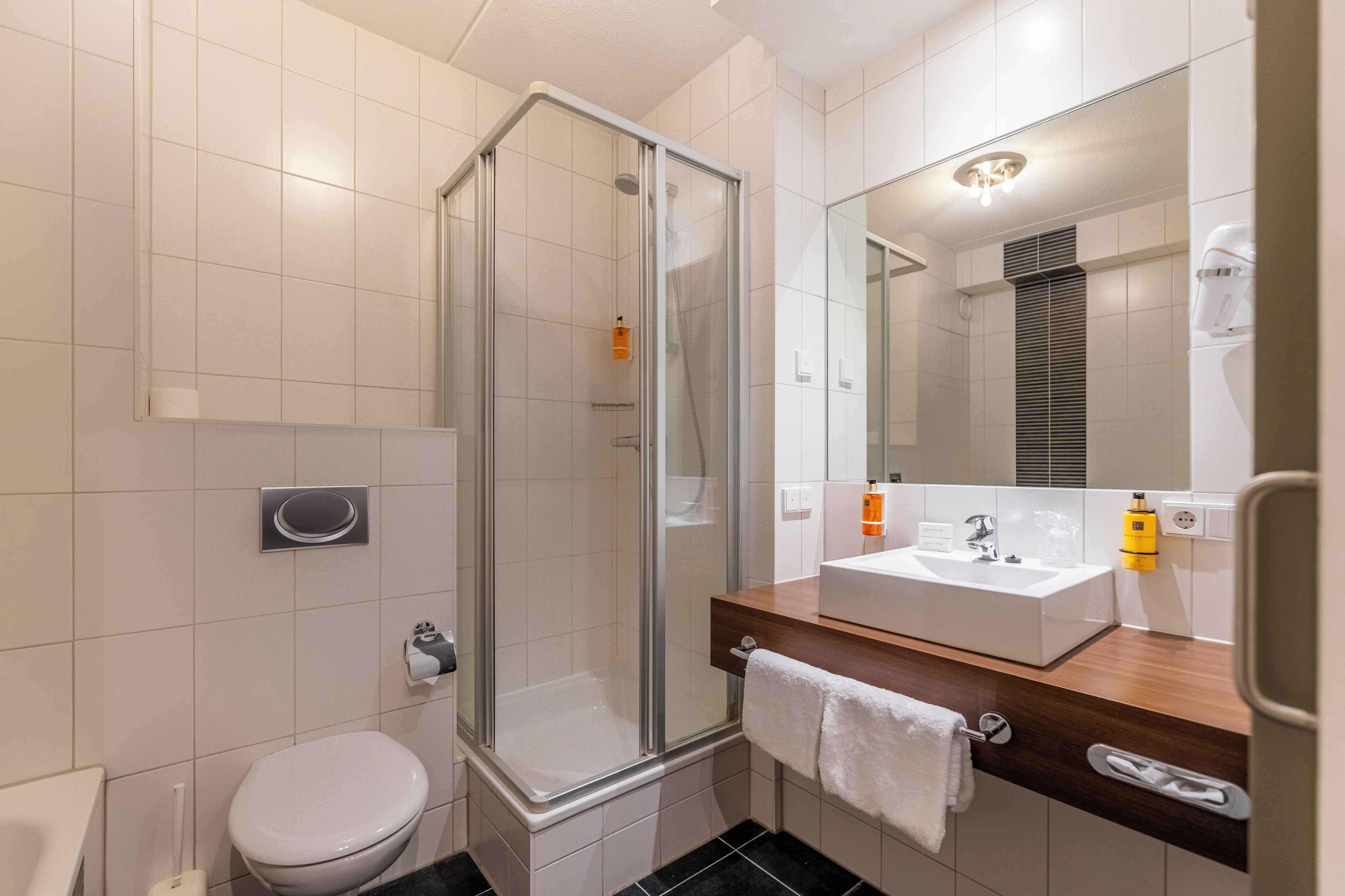 A modern bathroom with a glass-enclosed shower, a white toilet, and a wooden vanity with a sink and mirror.