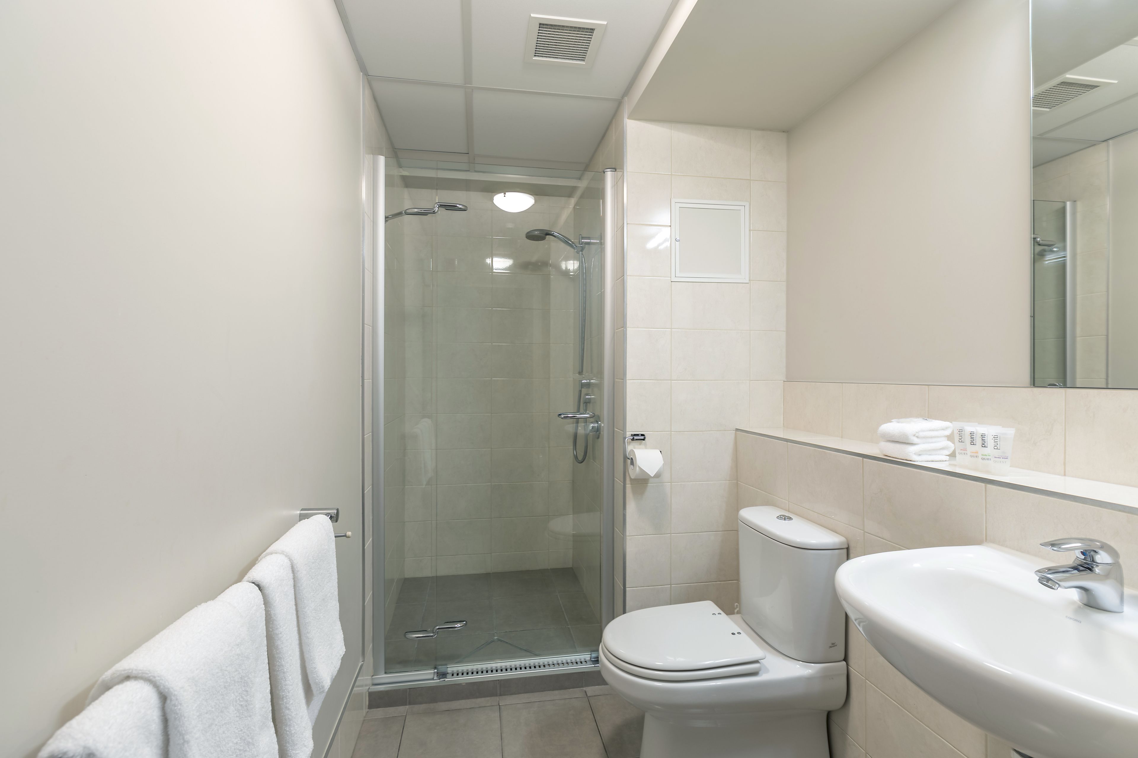 Shower, free toiletries, hair dryer, towels