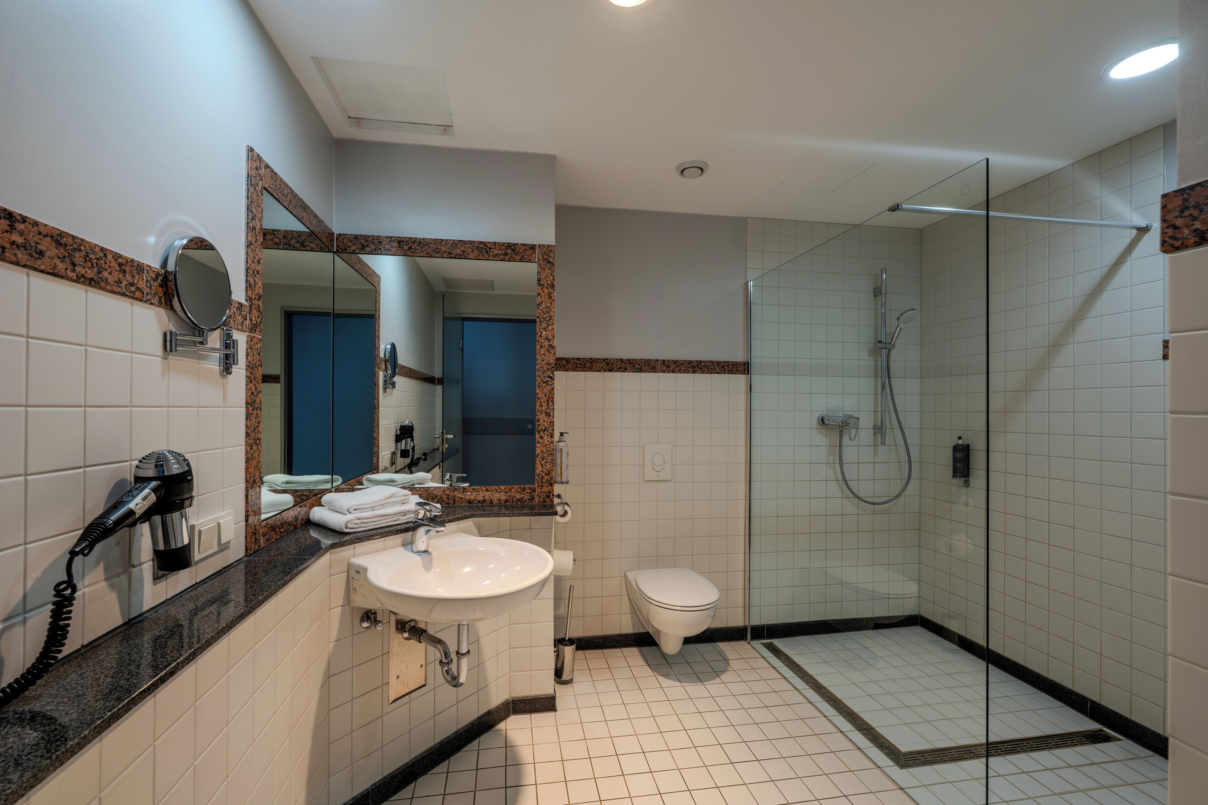 Une salle de bain moderne avec une douche à parois de verre, un lavabo avec un miroir et des toilettes.