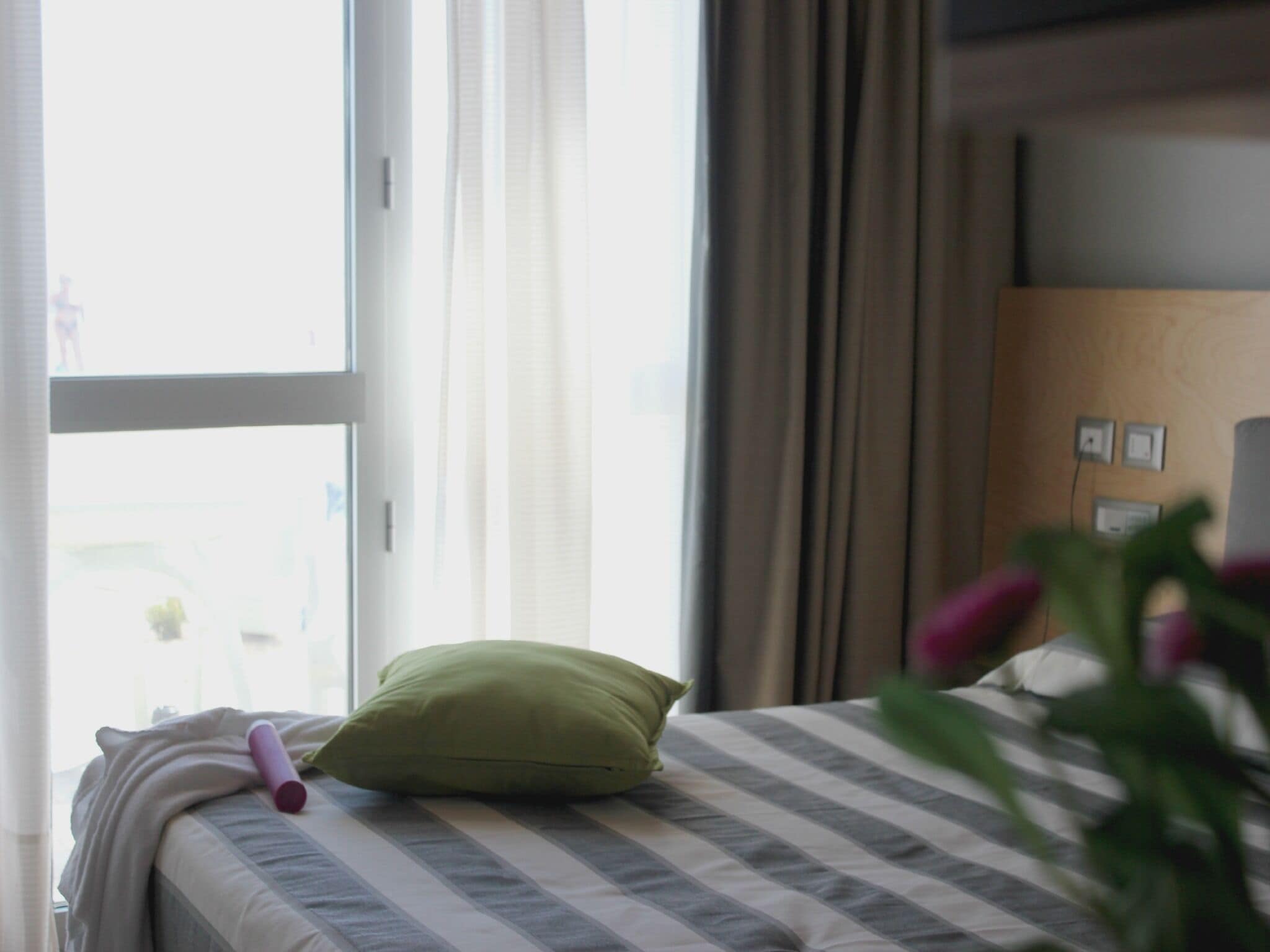 A hotel room with a bed, a pillow, a window with curtains, and a plant.
