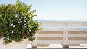 A balcony with a potted plant and a view of the beach. - Terme Beach Resort (Ravenna)
