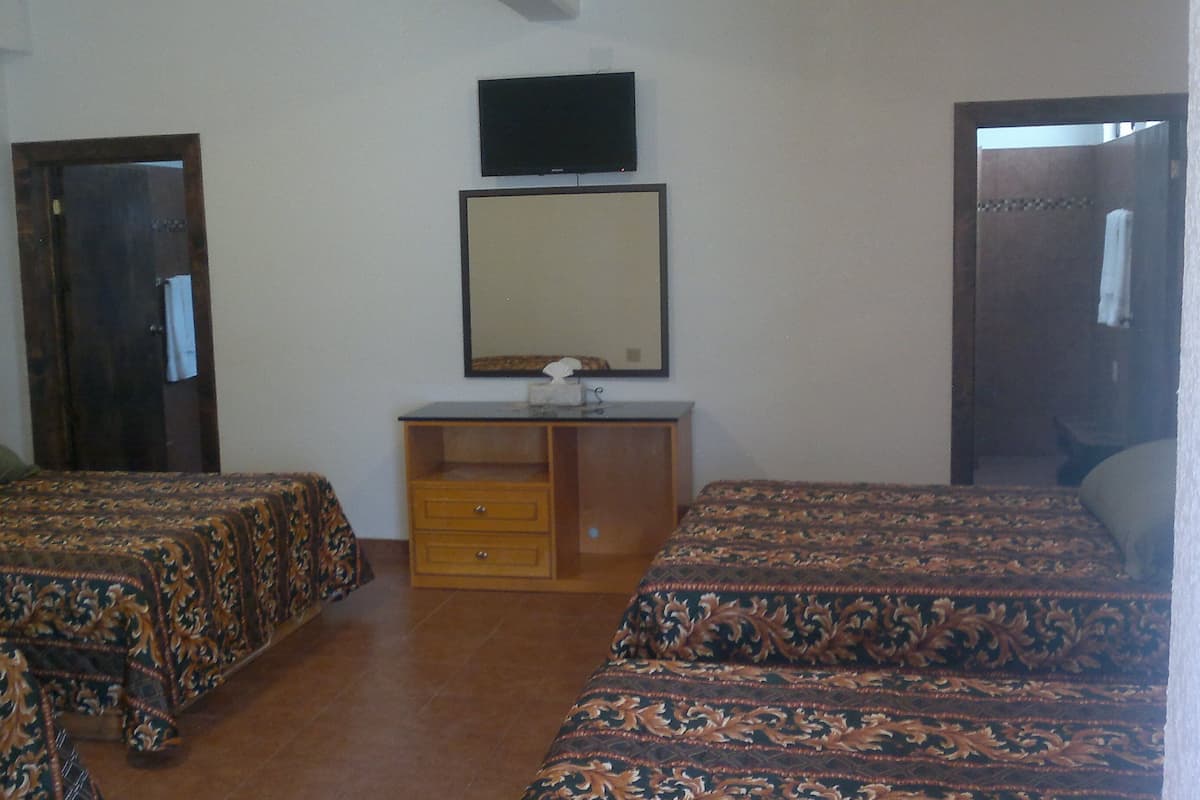 Una habitació amb dos llits, un armari de fusta, un mirall i una televisió penjada a la paret.