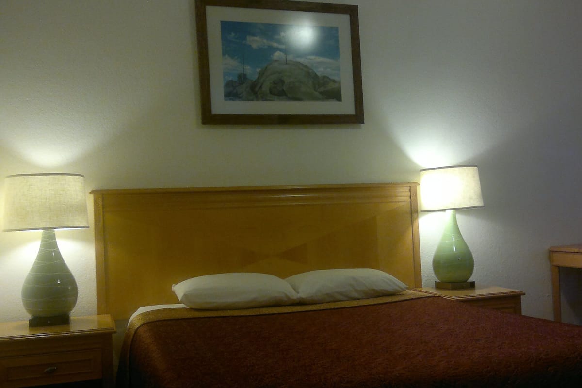Habitació d'hotel amb capçalera de fusta, dues làmpades de nit, un llit amb almoina blanca i una fotografia emmarcada a la paret.