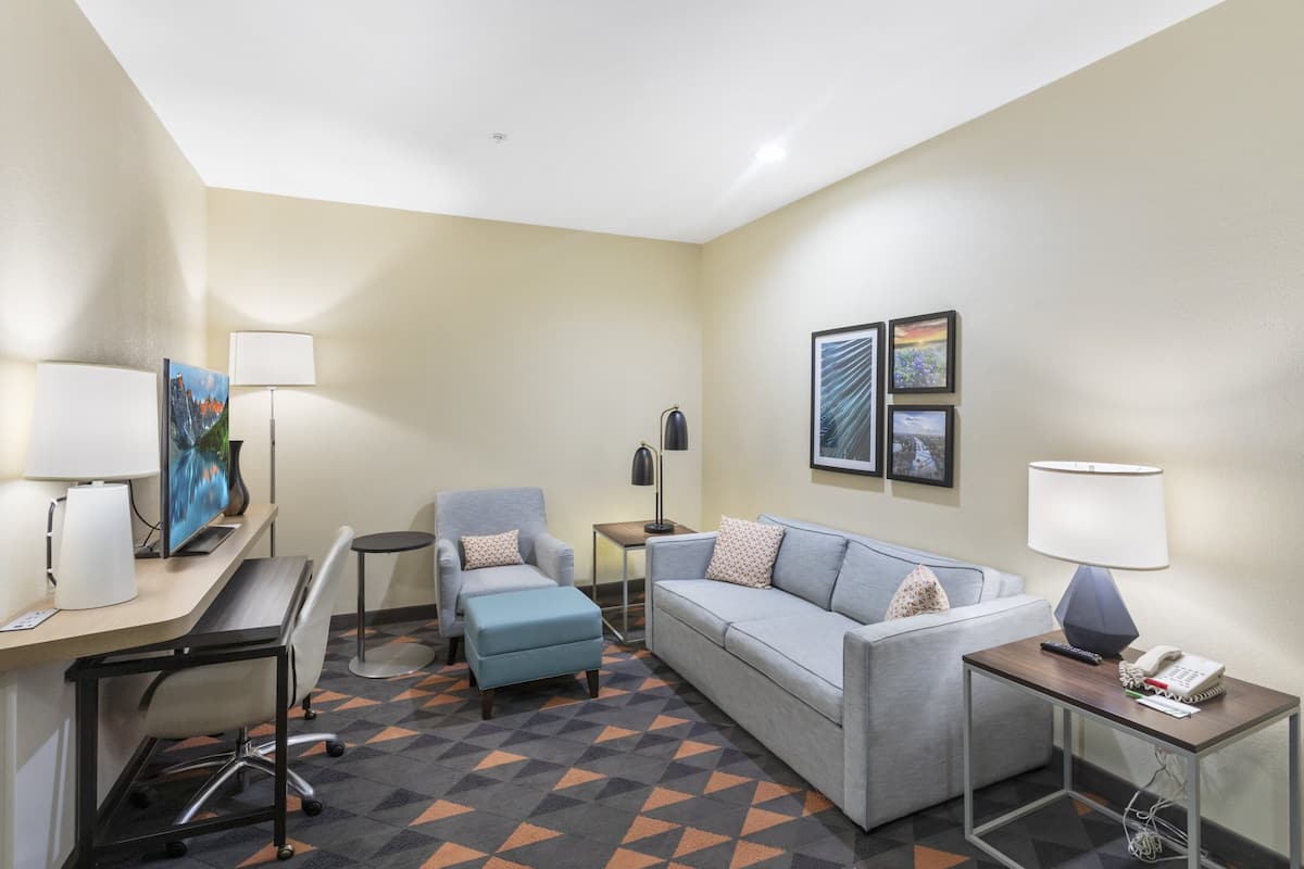 A hotel room with a desk, a sofa, a chair, a small table, and a lamp.